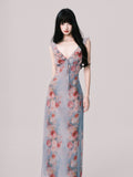 LULUSWINGS Vacation French V-neck Print Suspender Skirt