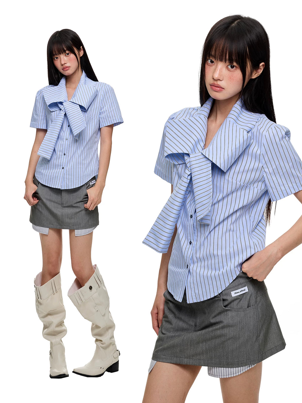 JIKOO Bow Hot Diamond Vertical Stripe Slim Fit Skinny Shirt