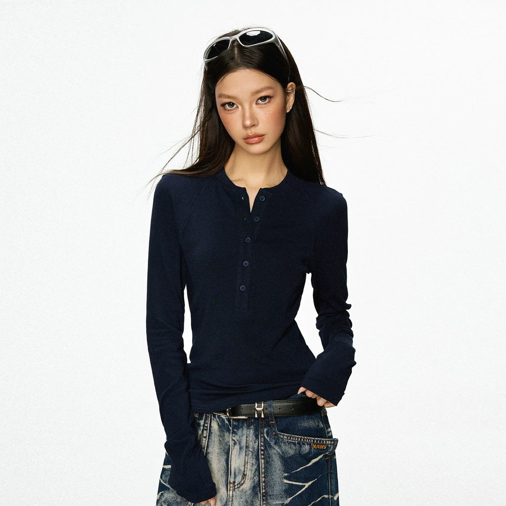 Cherry Melody Henry Collar Button Versatile Primer Long Sleeve