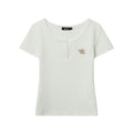 Nariele Embroidered Round Neck Breasted Slim-fitting Short Tee