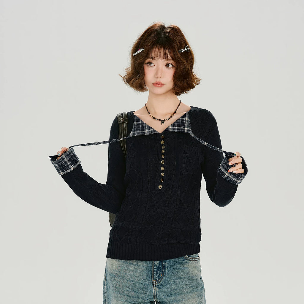 Girlyhalo Vintage Plaid Lapel Knitted Twist Long Sleeve