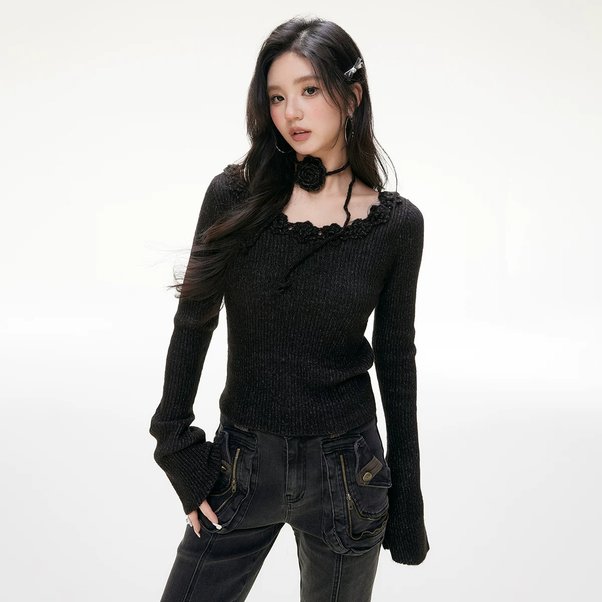 Imone U Neckline Three-dimensional Rose Decorative Long Sleeve