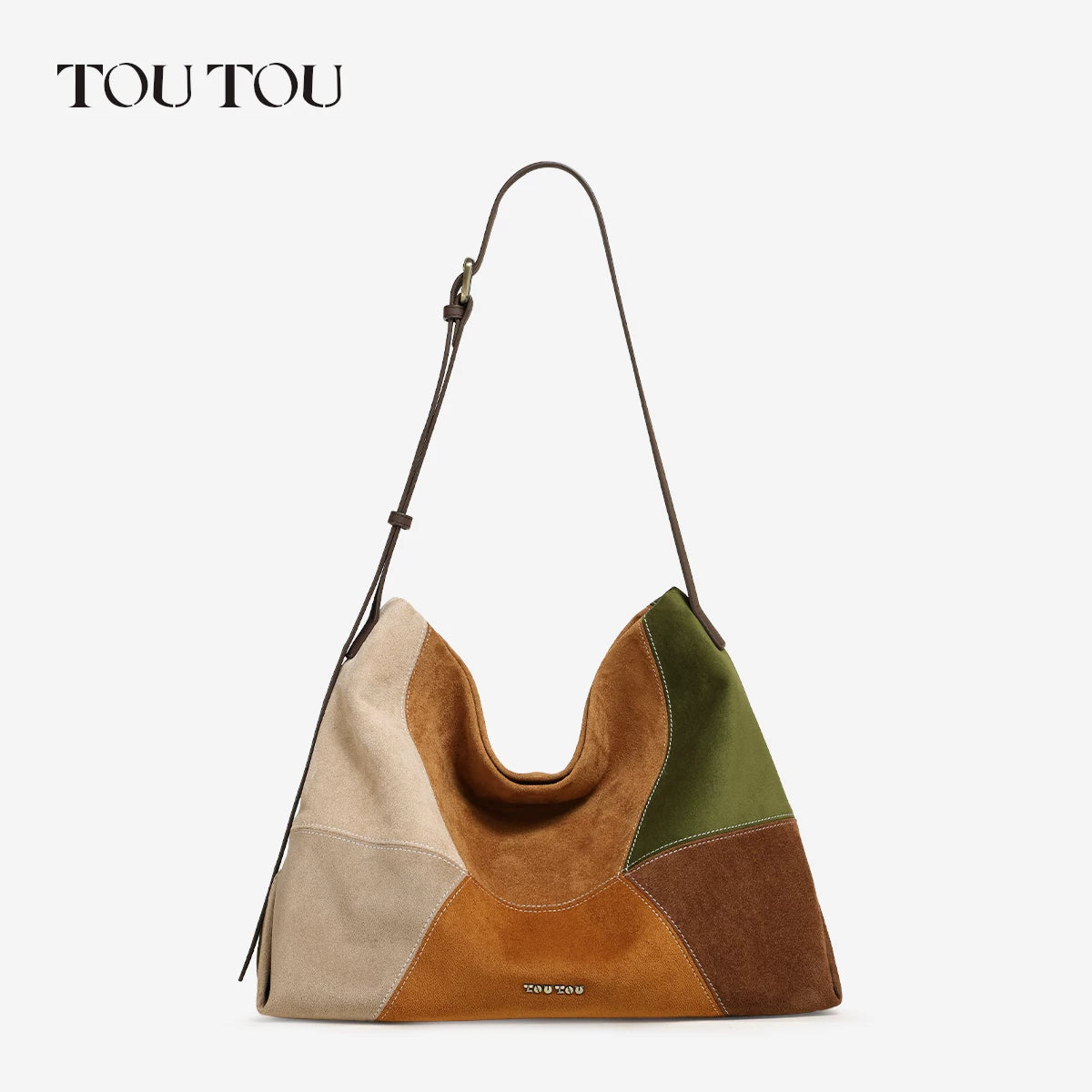 TOUTOU Caramel Suede Spliced Faux Leather Magnetic Snap Crossbody Bag