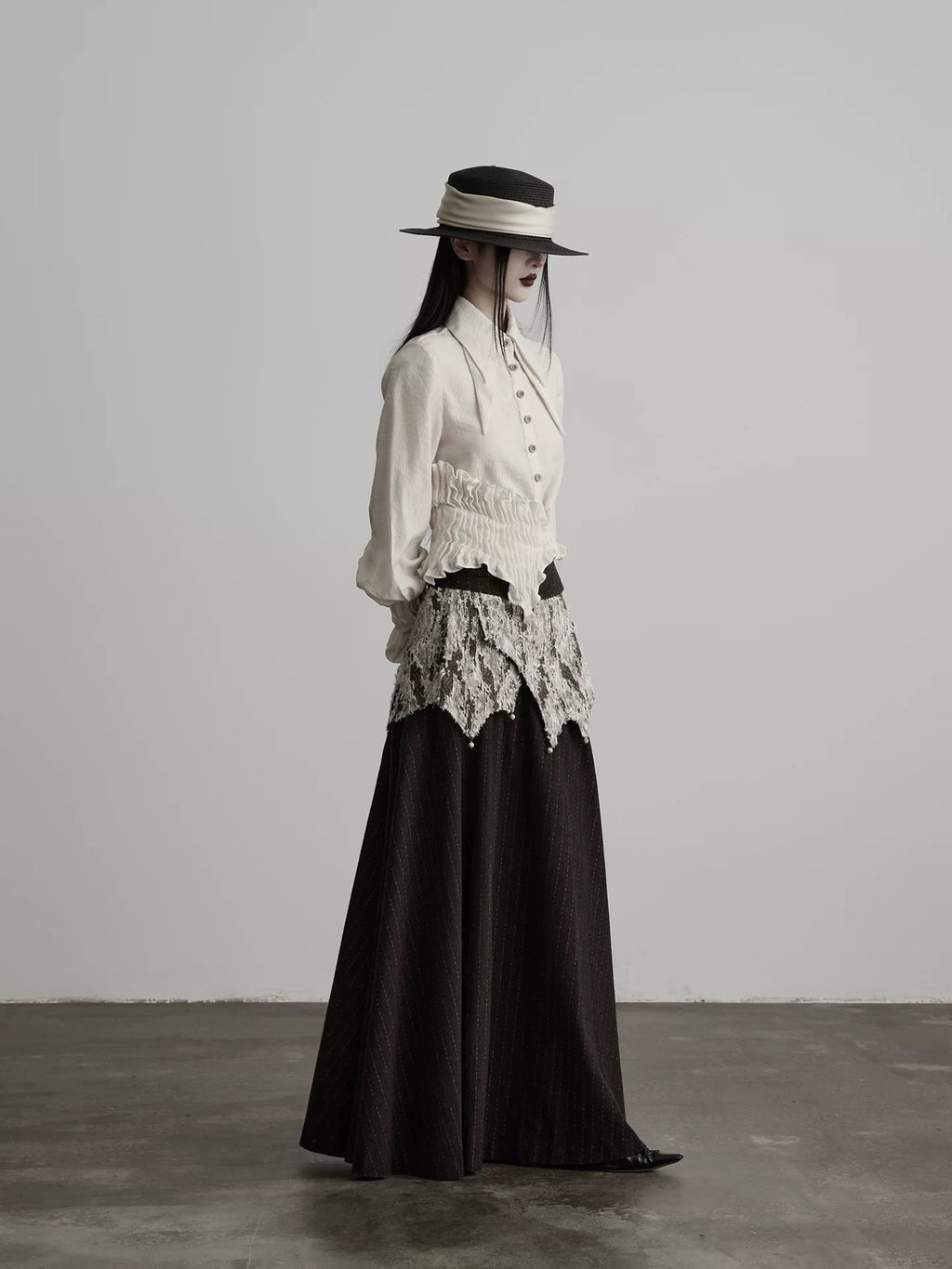 INDULGE Irregular Deconstruction Lace Stitching Striped Skirt