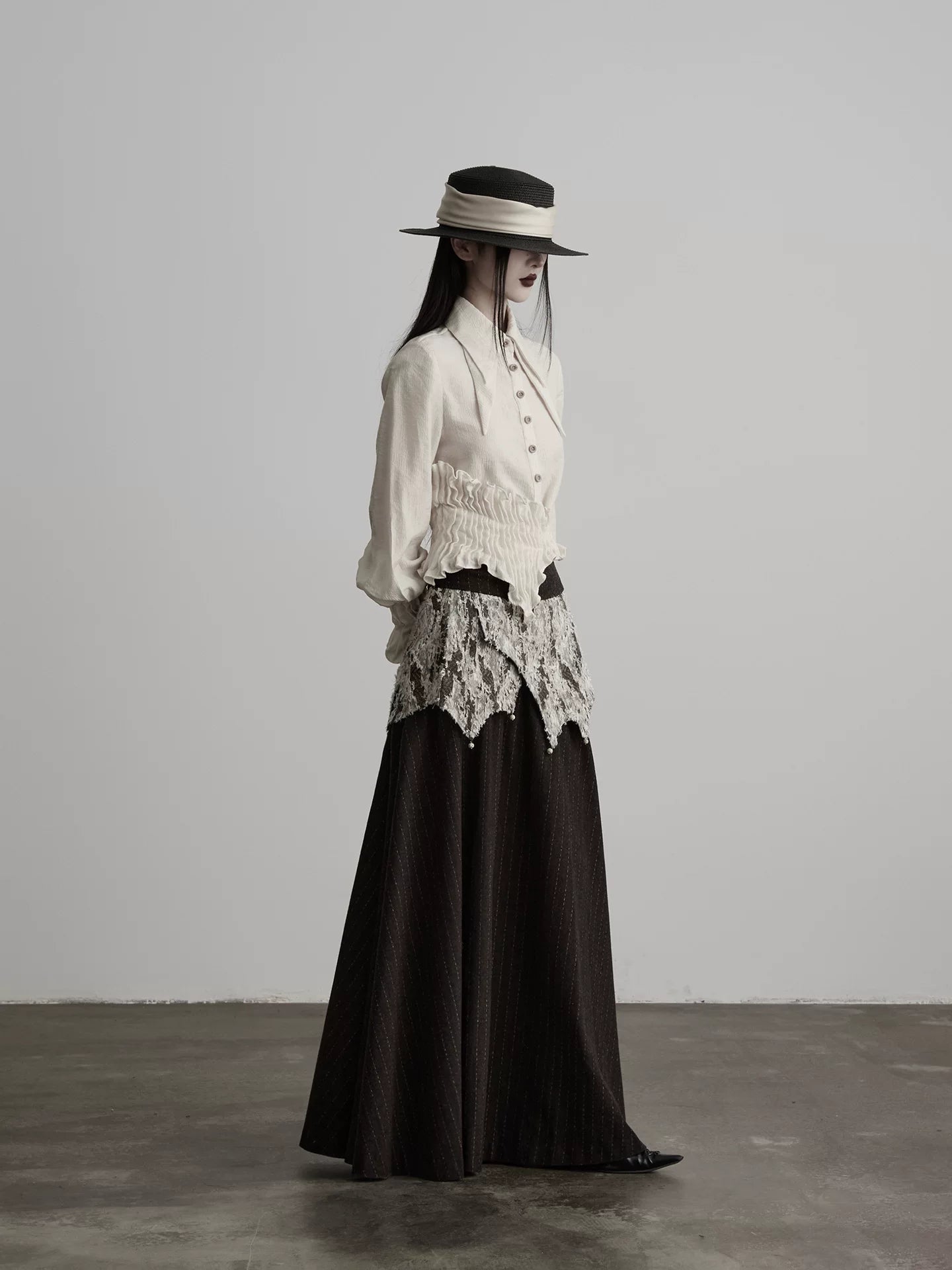 INDULGE Irregular Deconstruction Lace Stitching Striped Skirt
