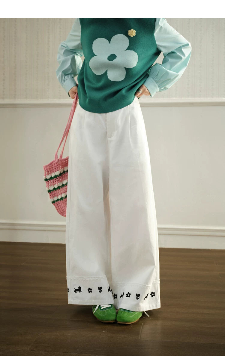 KUOSE Lace-embroidered Straight Wide-leg Pants