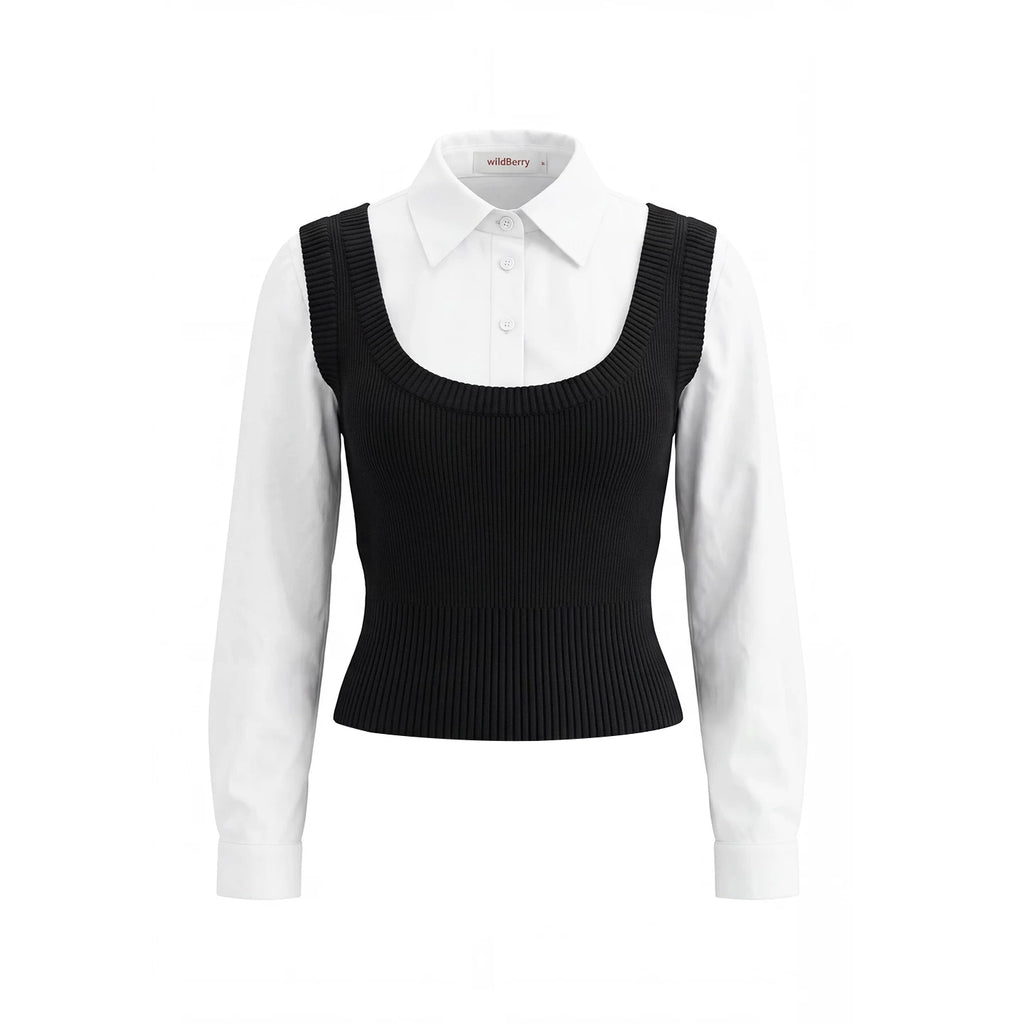 Wildberry Faux Two-Piece Knit Panel Slim Fit Long-Sleeve Top