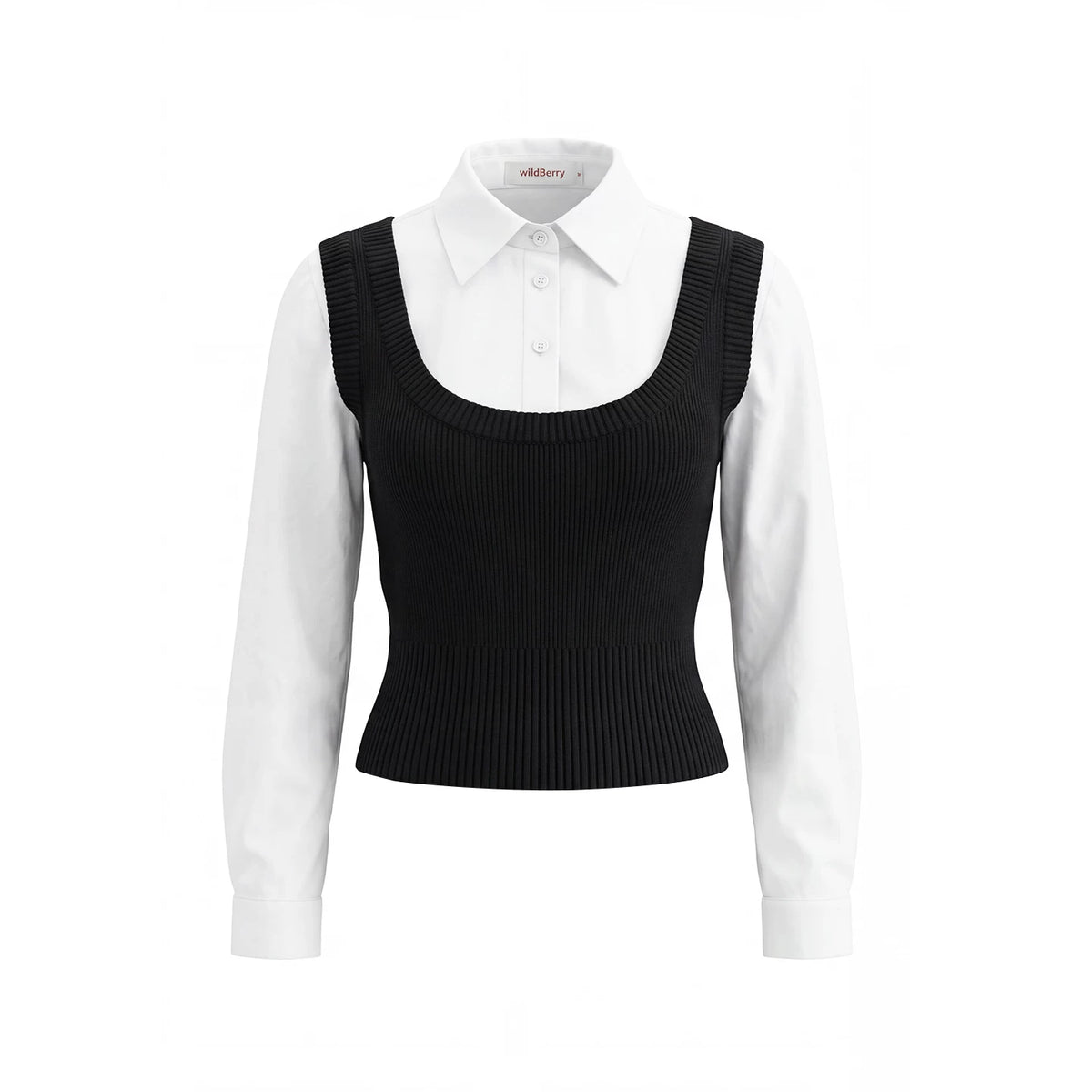 Wildberry Faux Two-Piece Knit Panel Slim Fit Long-Sleeve Top