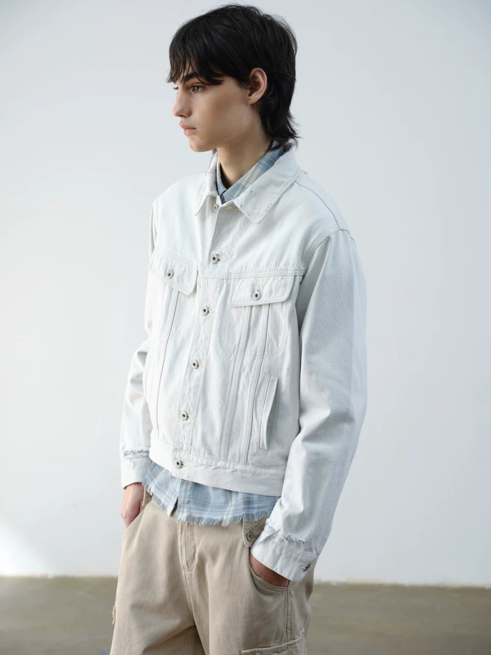 VLABMADE White Face Blue Gauze 400g Distressed Cropped Denim Jacket