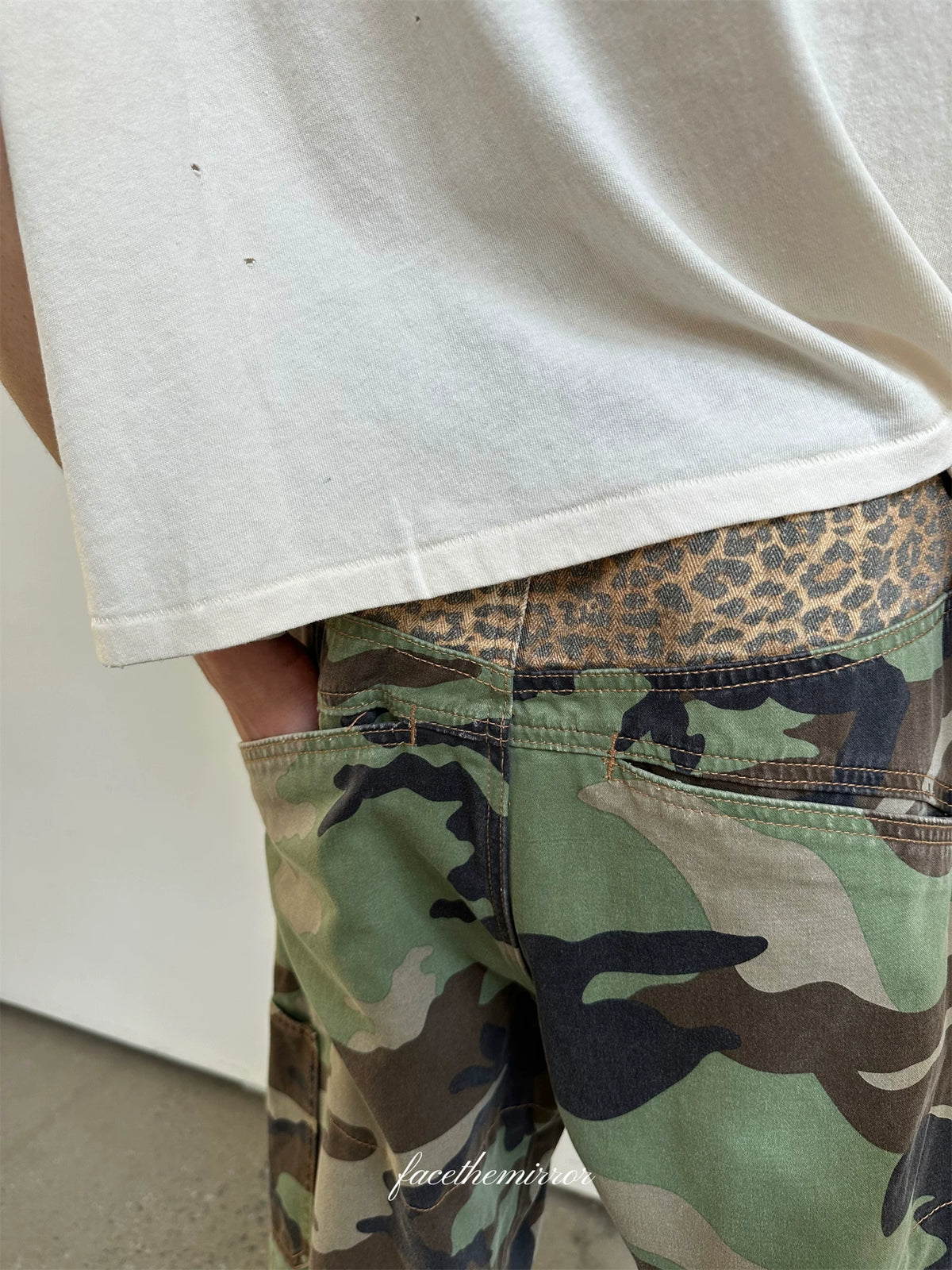 Face the mirror FTM Leopard Patch Curved Pleated Cargo Lumberjack Pants Washed Vintage
