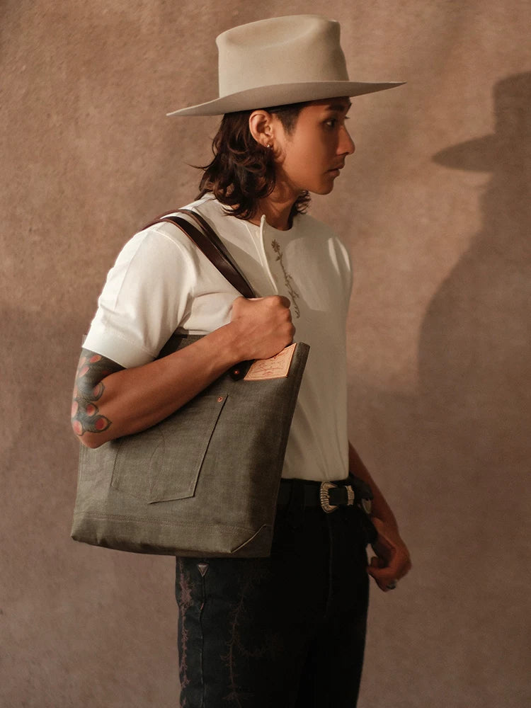 Mbbcar Khaki Green Selvedge Denim Leather-Trim Shoulder Bag