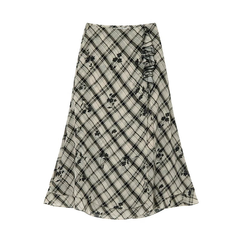 KANO Irregular Plaid Floral High-Waist Midi Skirt