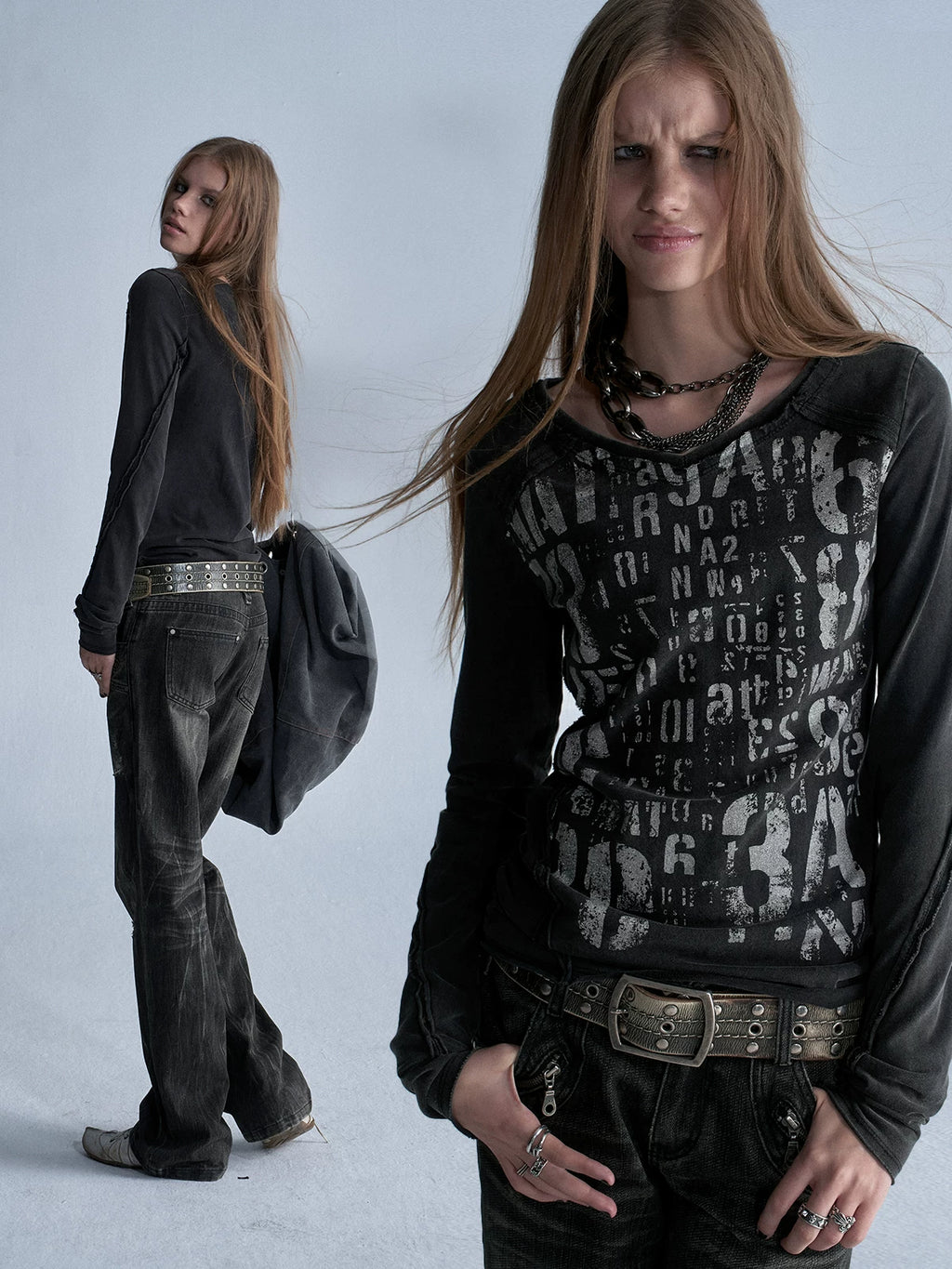wear And tear Two-Tone V-Neck Glitter Raw-Edge Asymmetric Slim Fit Tee