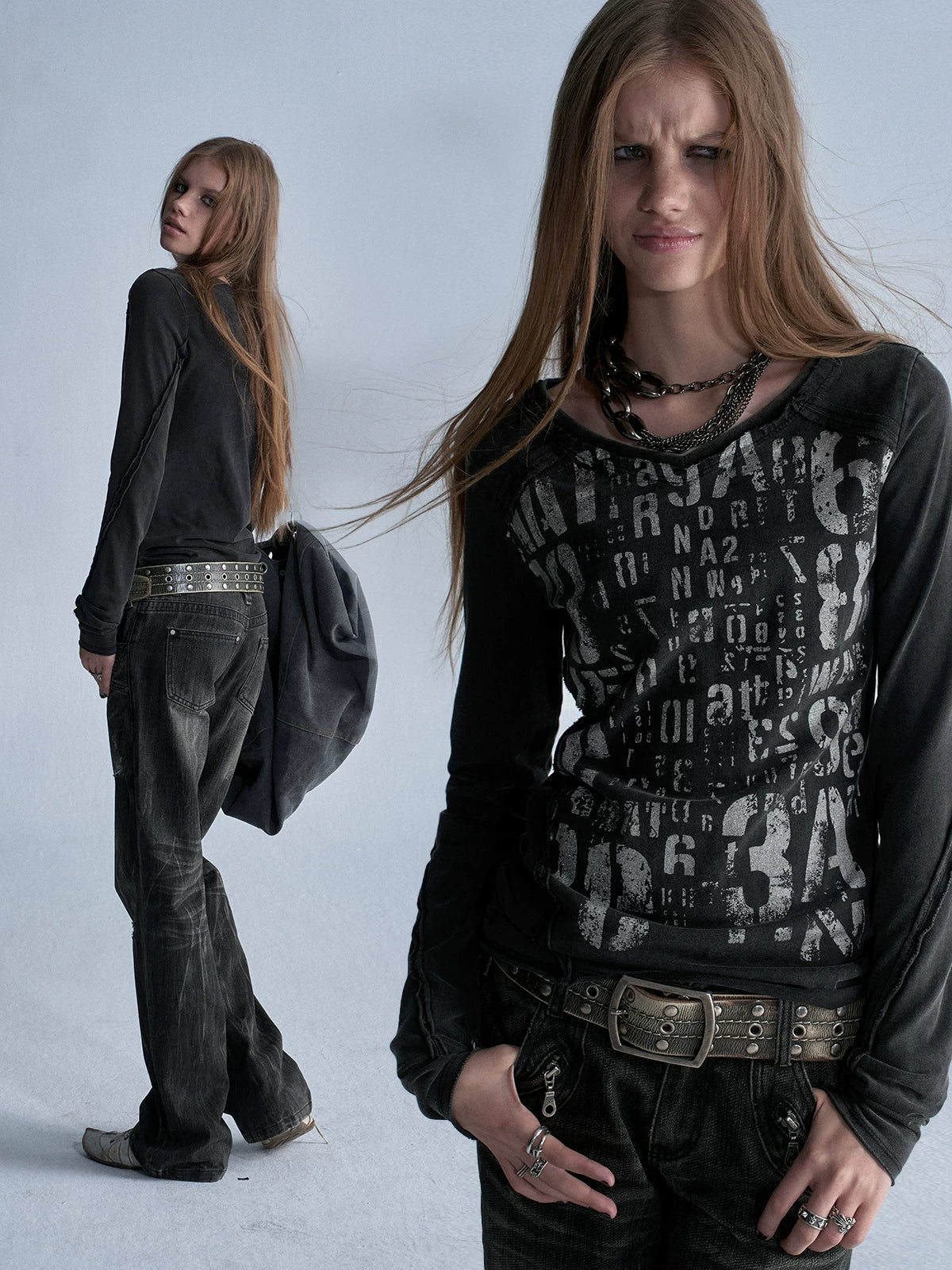 wear And tear Two-Tone V-Neck Glitter Raw-Edge Asymmetric Slim Fit Tee