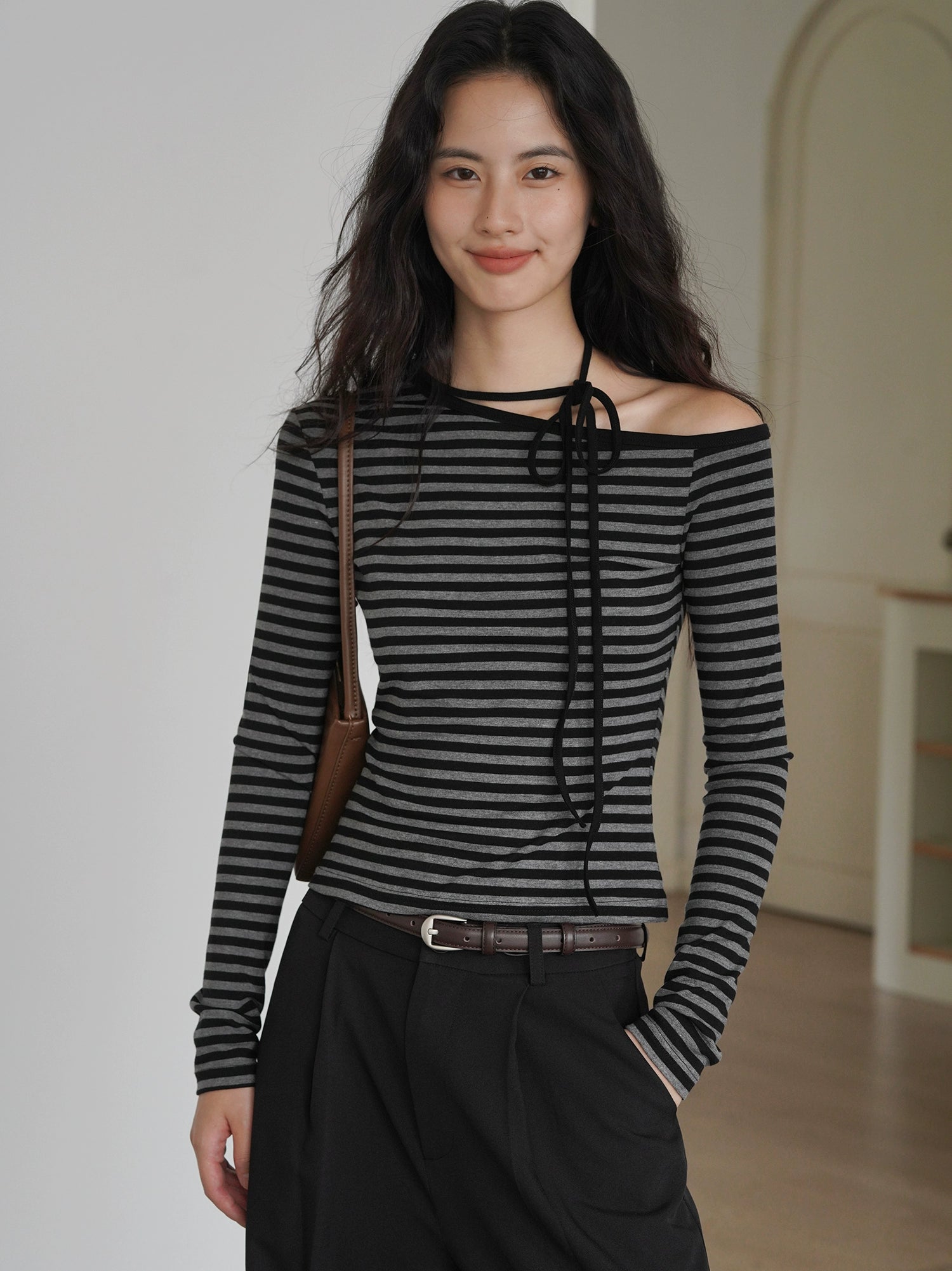 EIGHTHMONTH Striped Off-the-shoulder Strap Korean Long Sleeve