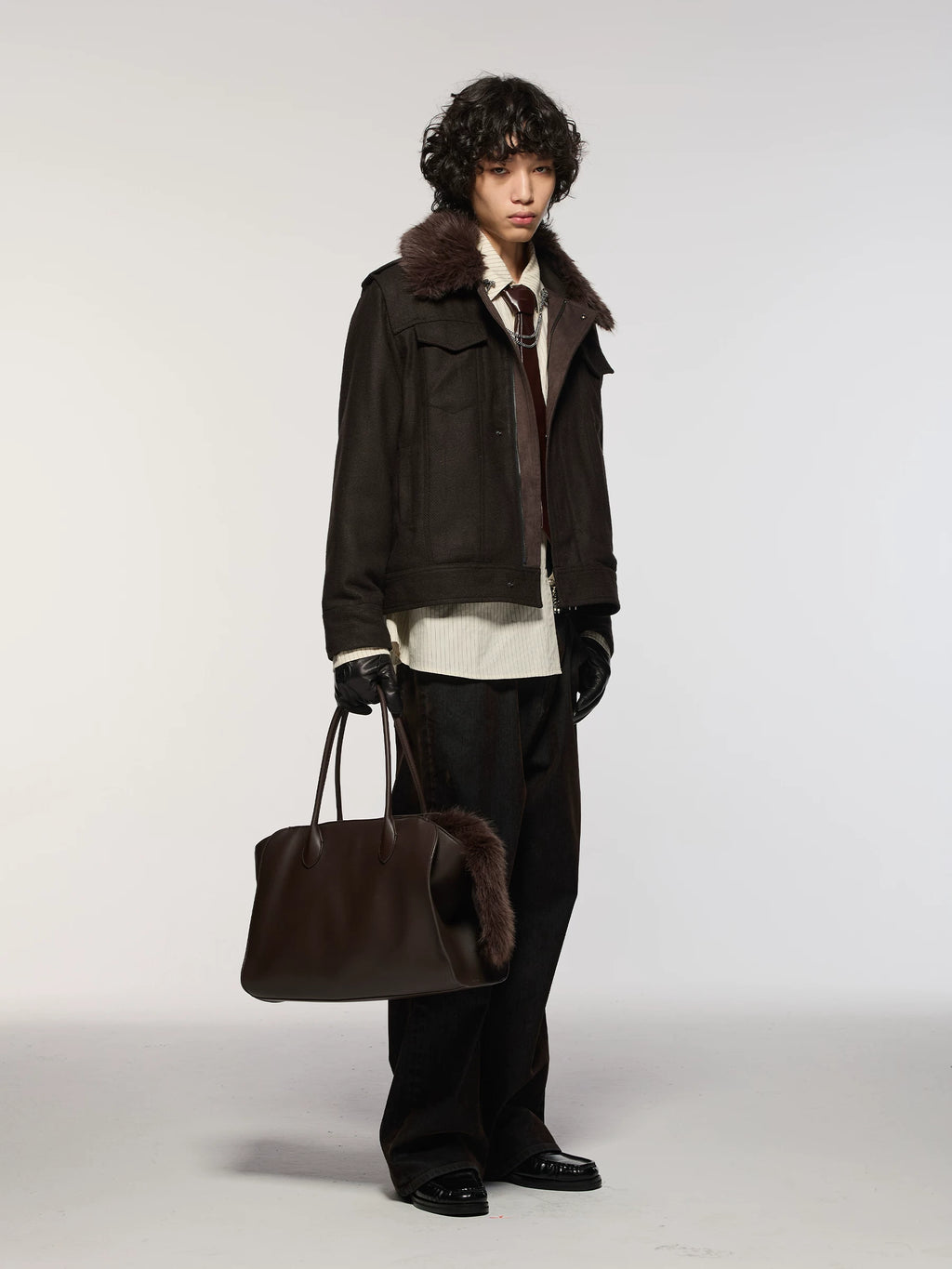 Azure Lisseur Vintage Fur Collar Fishbone Jacket