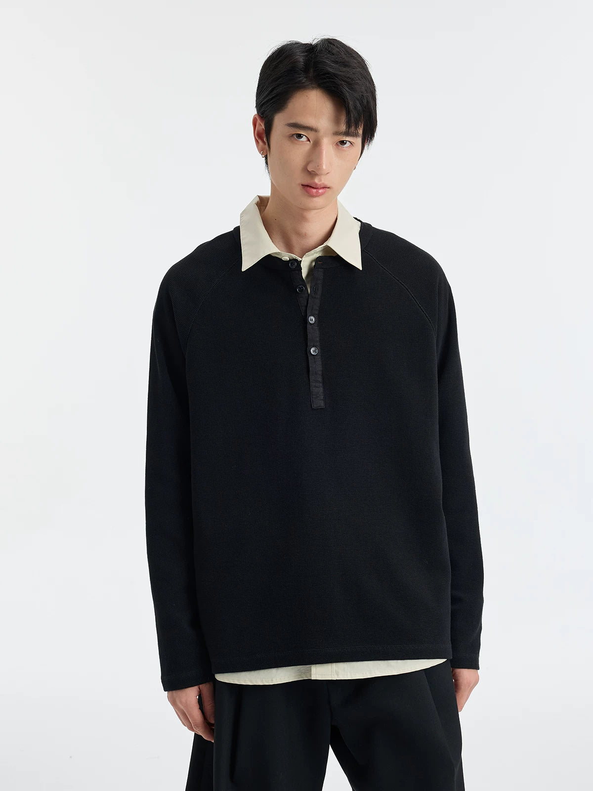 BUTTBILL Henry Neck Waffle Long Sleeve Sweater