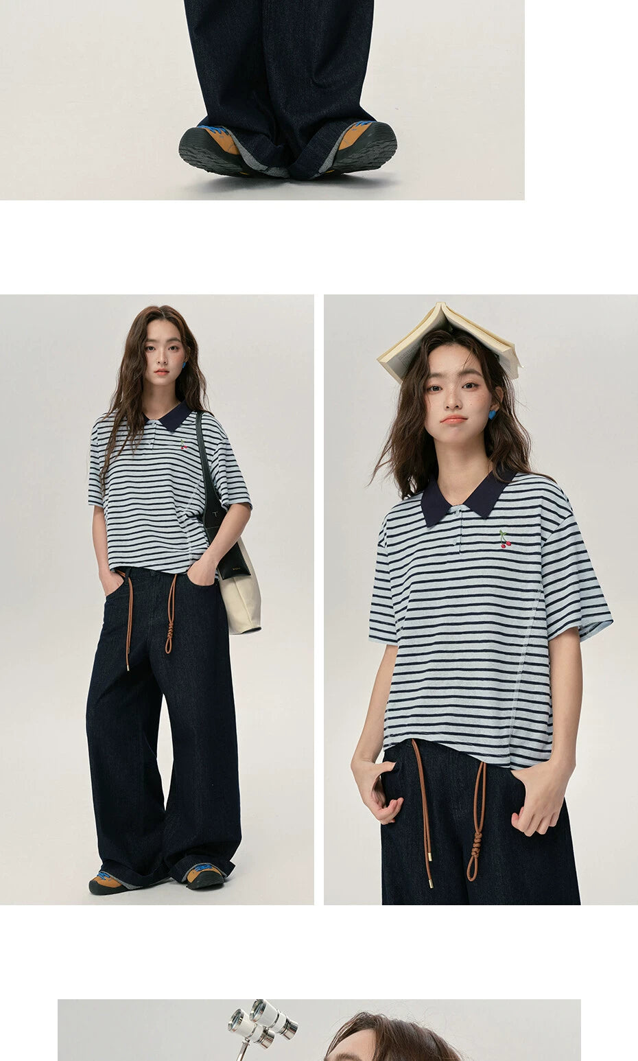 Giordano Contrasting Striped Cherry Embroidered Lapel Tee