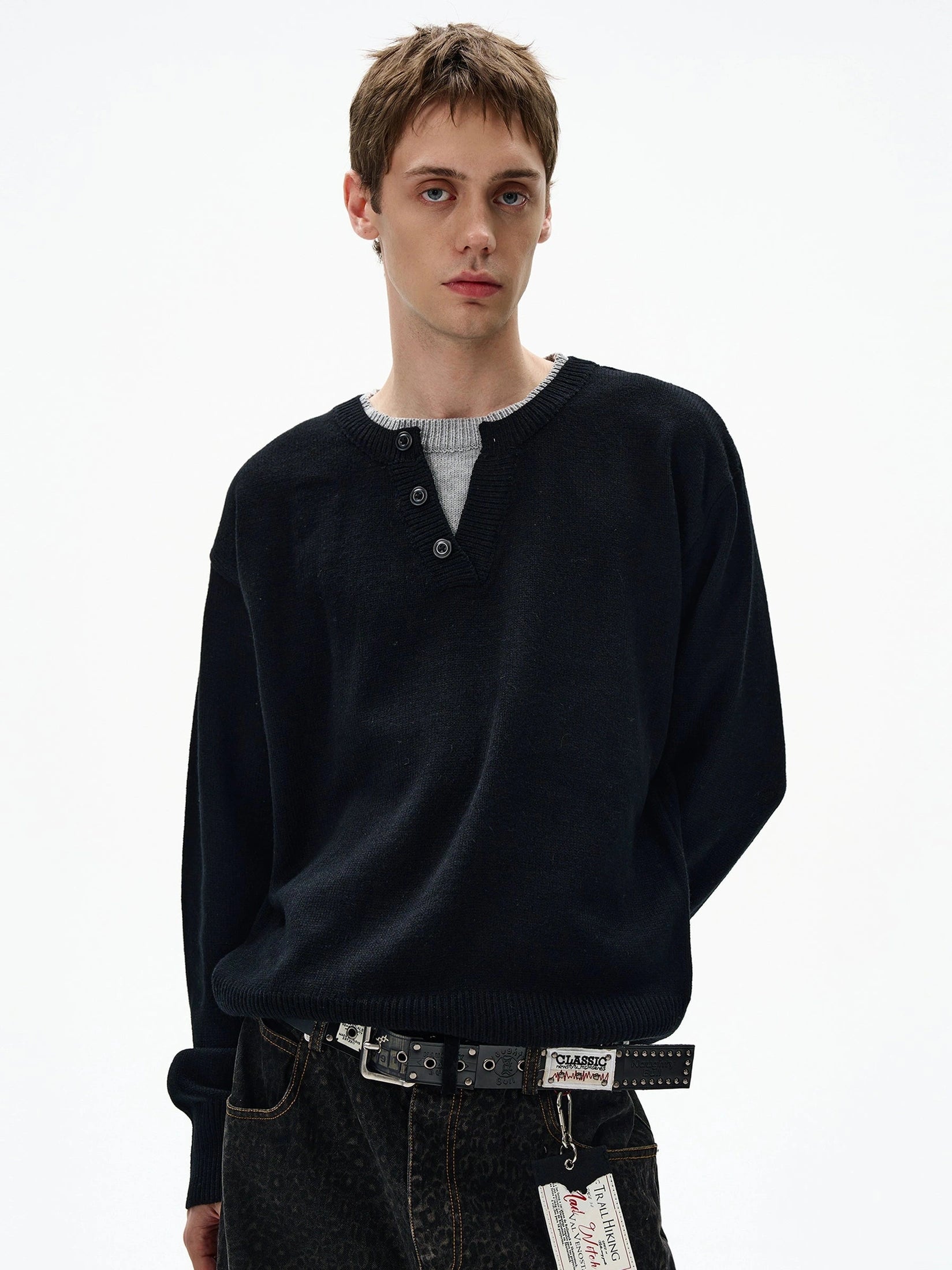 MADWITCH Retro Casual Contrasting Double-neck Knitted Sweater