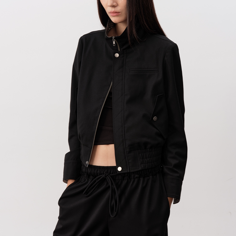 JCAESAR WOMEN Black Plaid Panel Studded Cropped Jacket