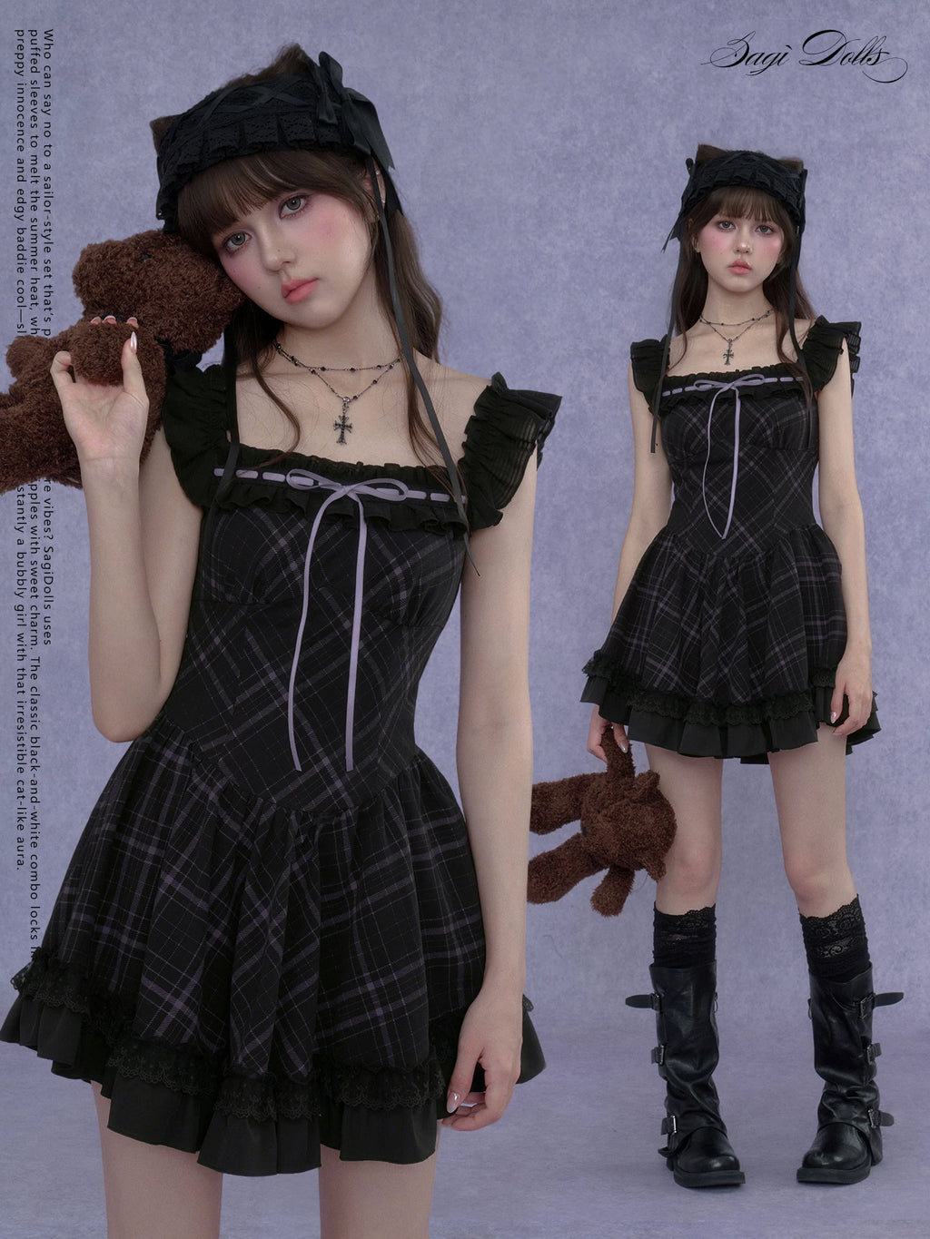 SagiDolls Plaid Wide Strap Mini Flutter Sleeve Dress Playful Slimming