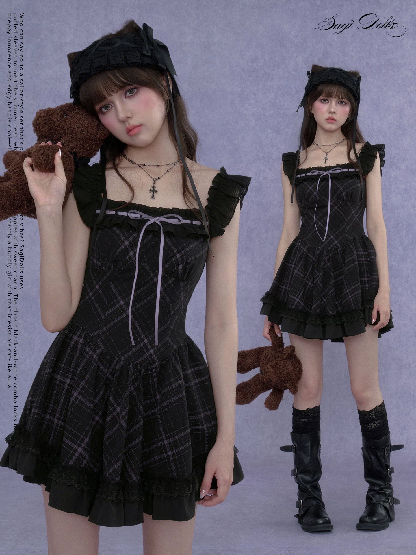 SagiDolls Plaid Wide Strap Mini Flutter Sleeve Dress Playful Slimming