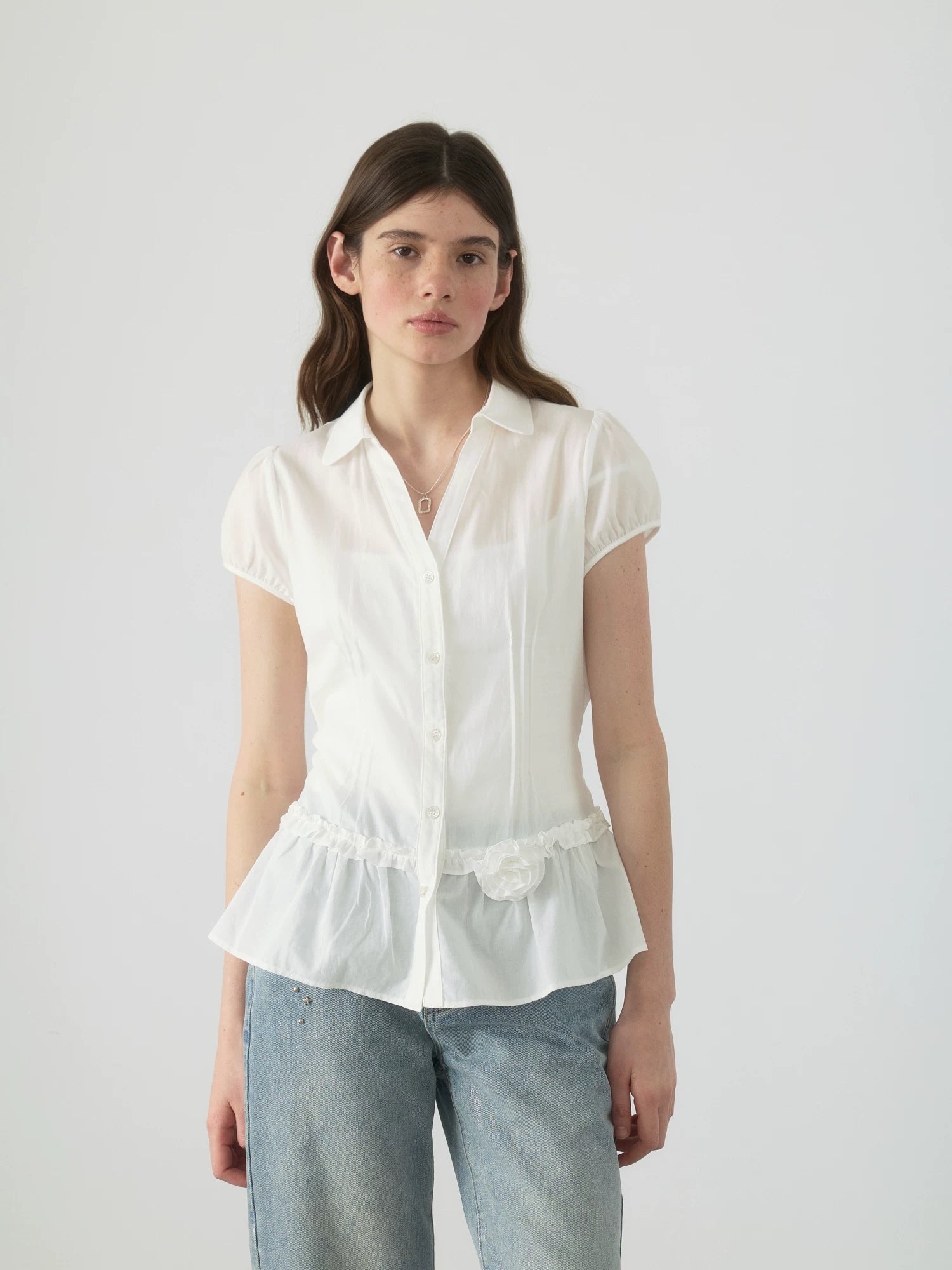 Yawhat Tencel Bubble Sleeve Tie-Front Blouse