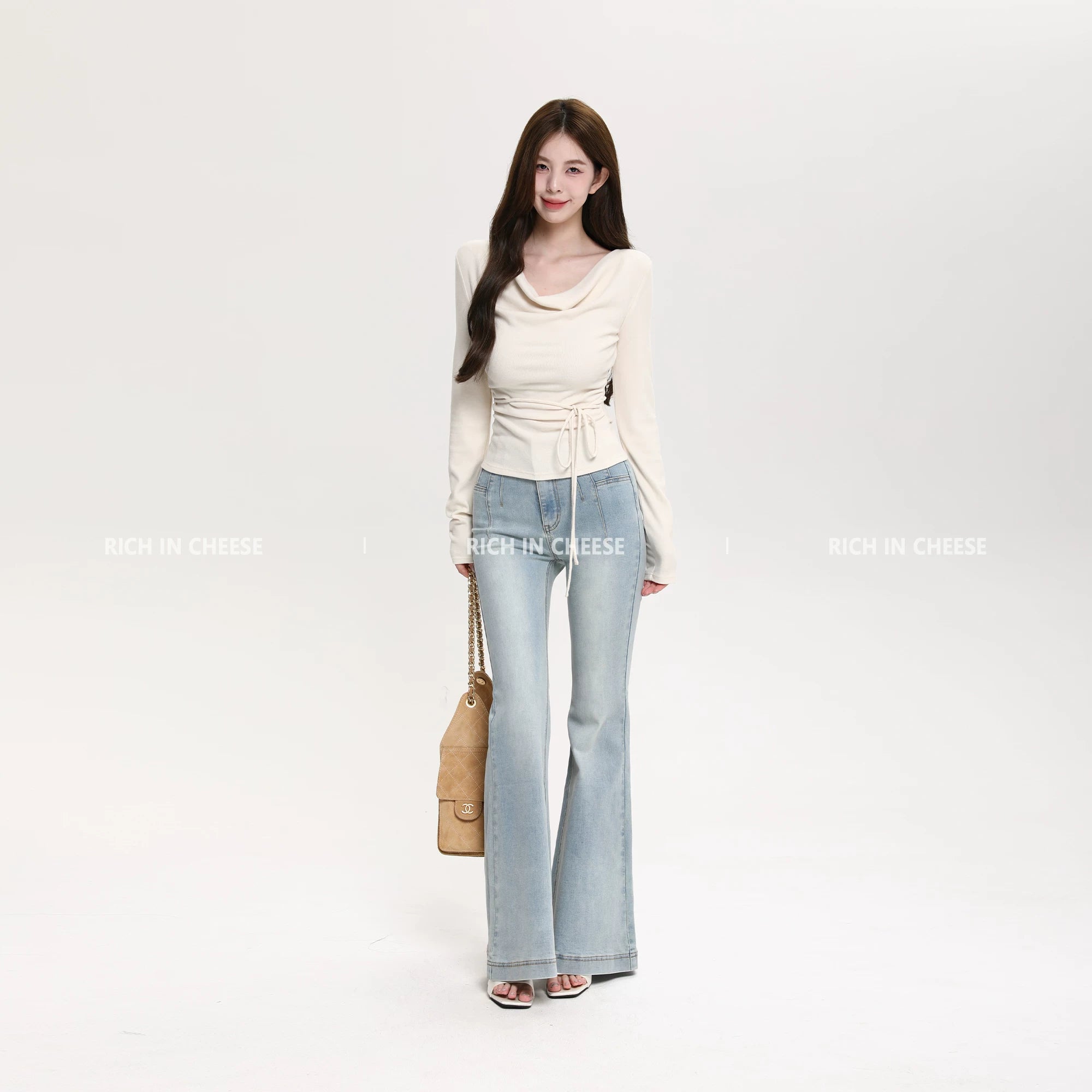 RICH IN CHEESE Waist Fold Temperament Swing Neck Long Sleeve