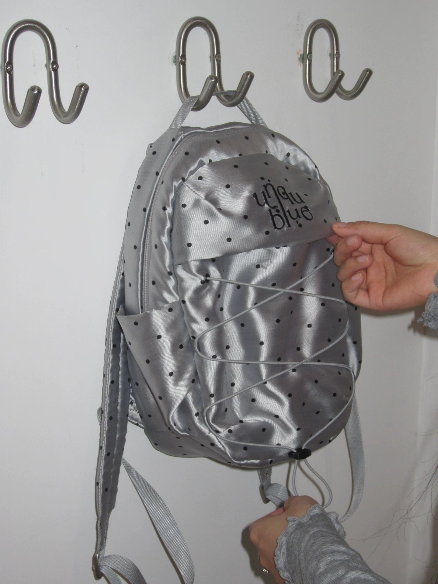 Unique blue Silver Polka Dot Faux Leather Drawstring Backpack