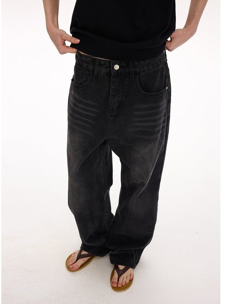 UNF 13.5oz Blockbuster Washed Old Cat Whiskers Baggy Bull Wide Leg Black Jeans