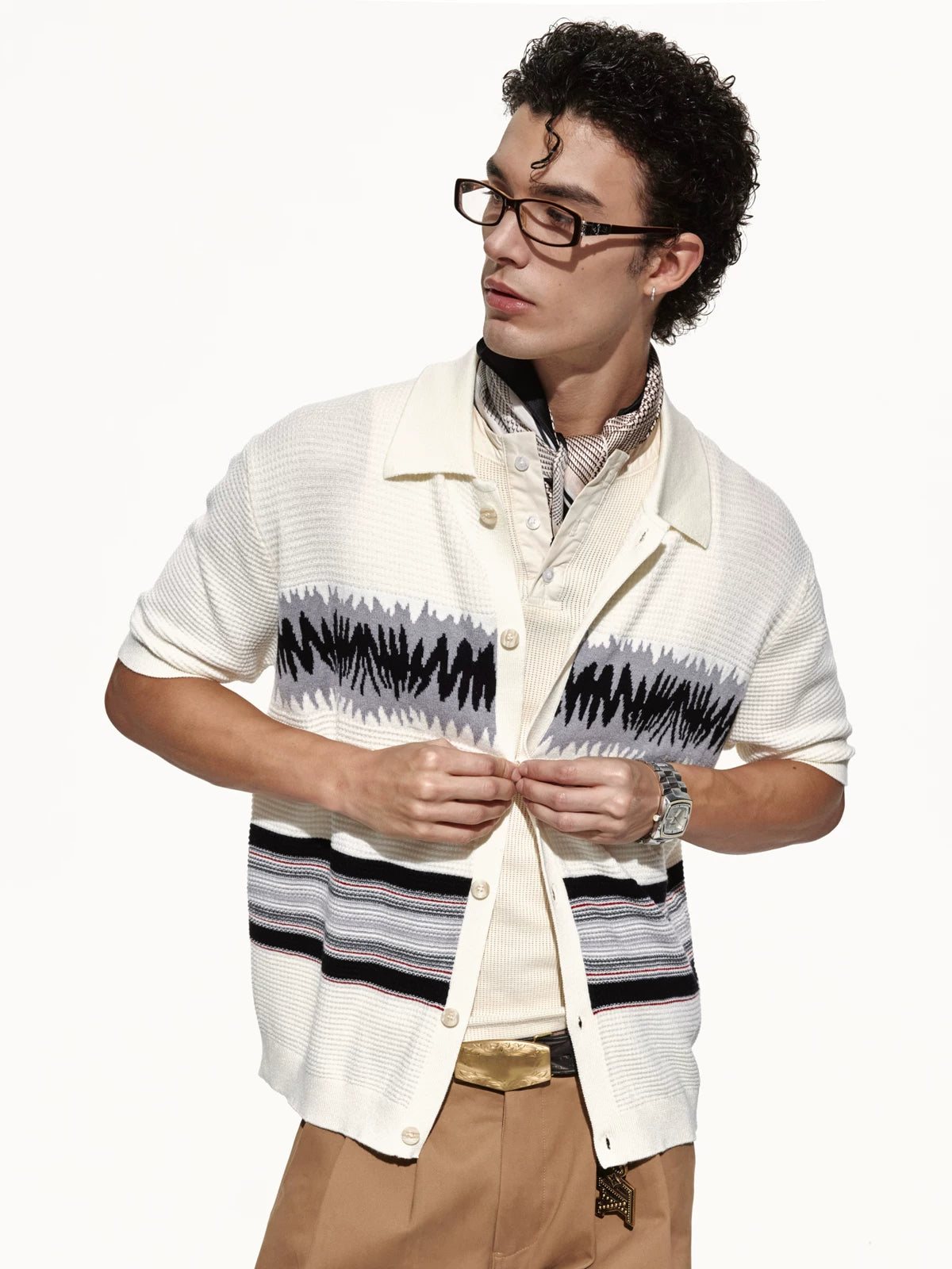 OPENFLY Merino Wool Waffle Knit Polo Collar Cardigan