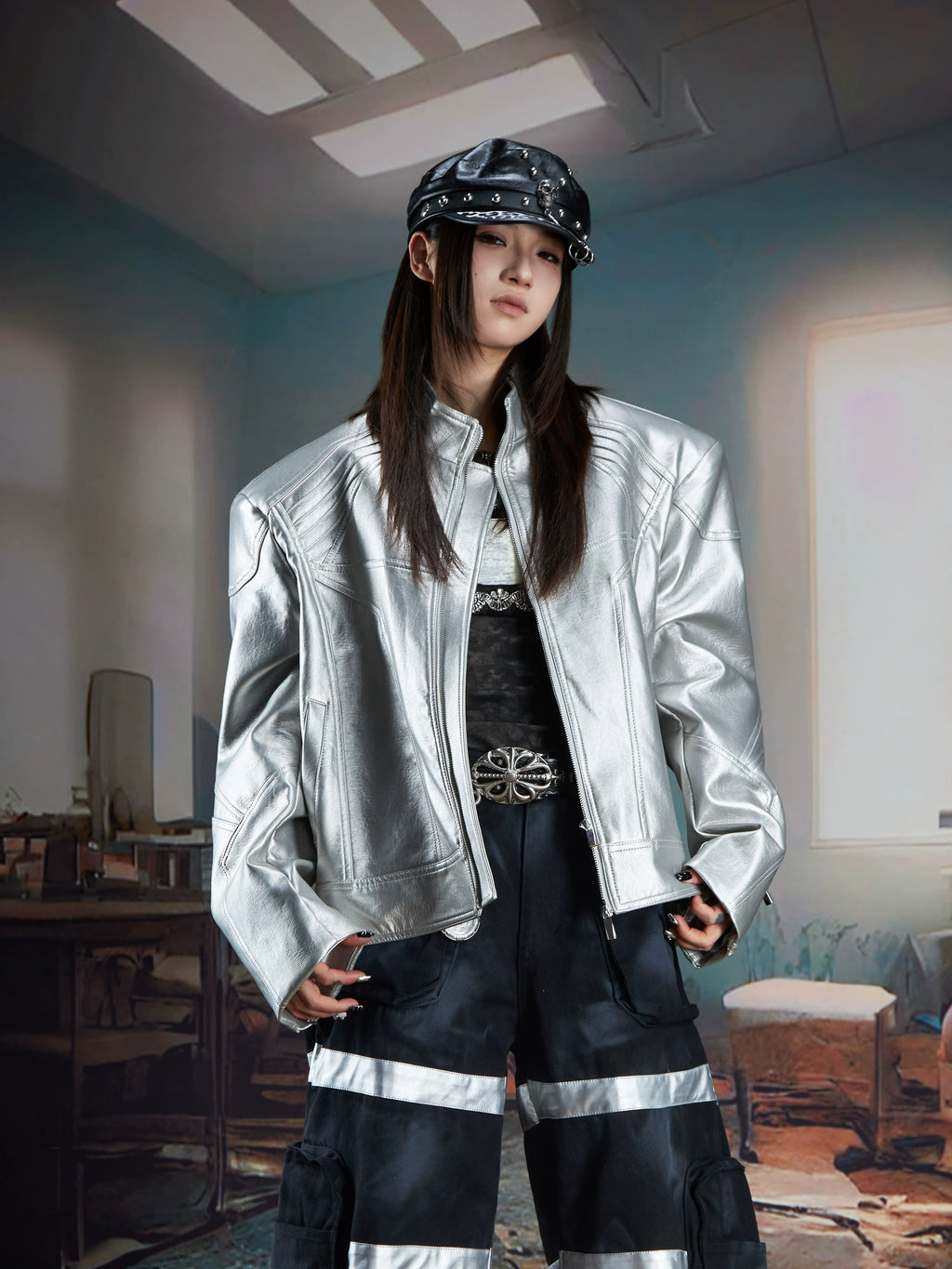 NUndefined Stitched Stand-up Collar Loose Zip Leather Jacket