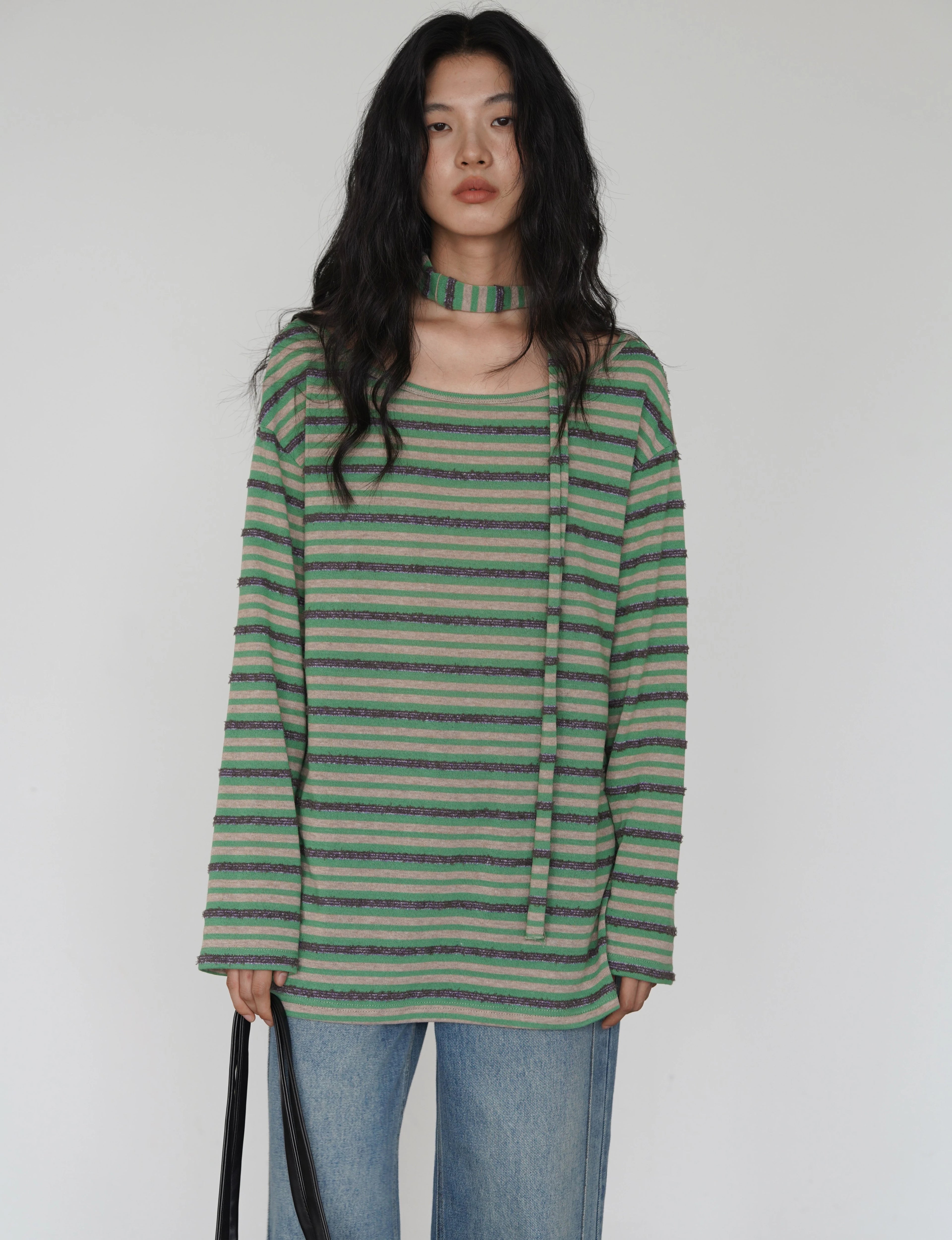 EIGHTHMONTH Striped Off-the-shoulder Streamer Casual Long Sleeve
