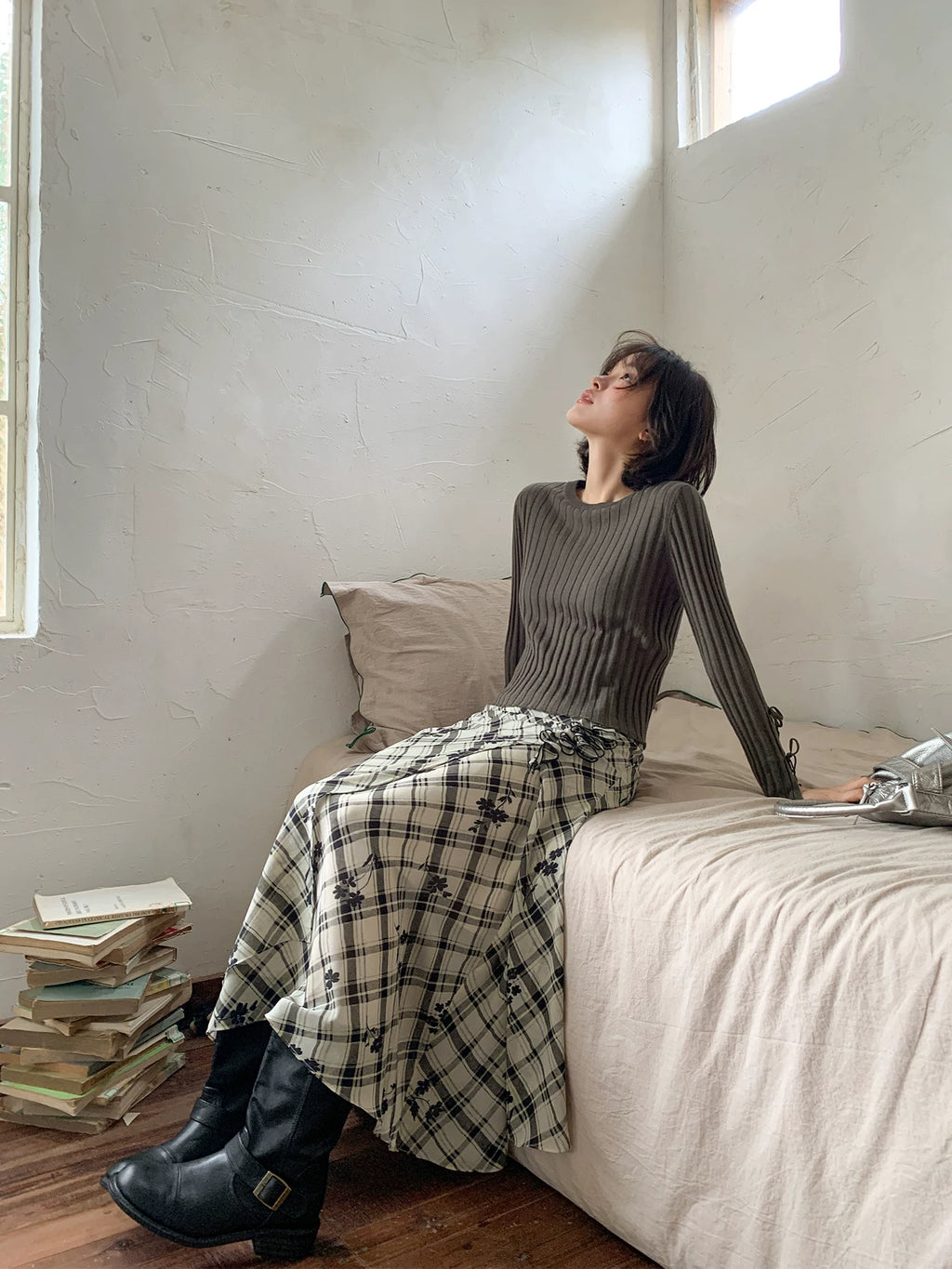 KANO Irregular Plaid Floral High-Waist Midi Skirt