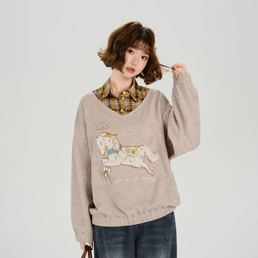 Girlyhalo Fake Two-piece Casual Versatile Knitted Sweater