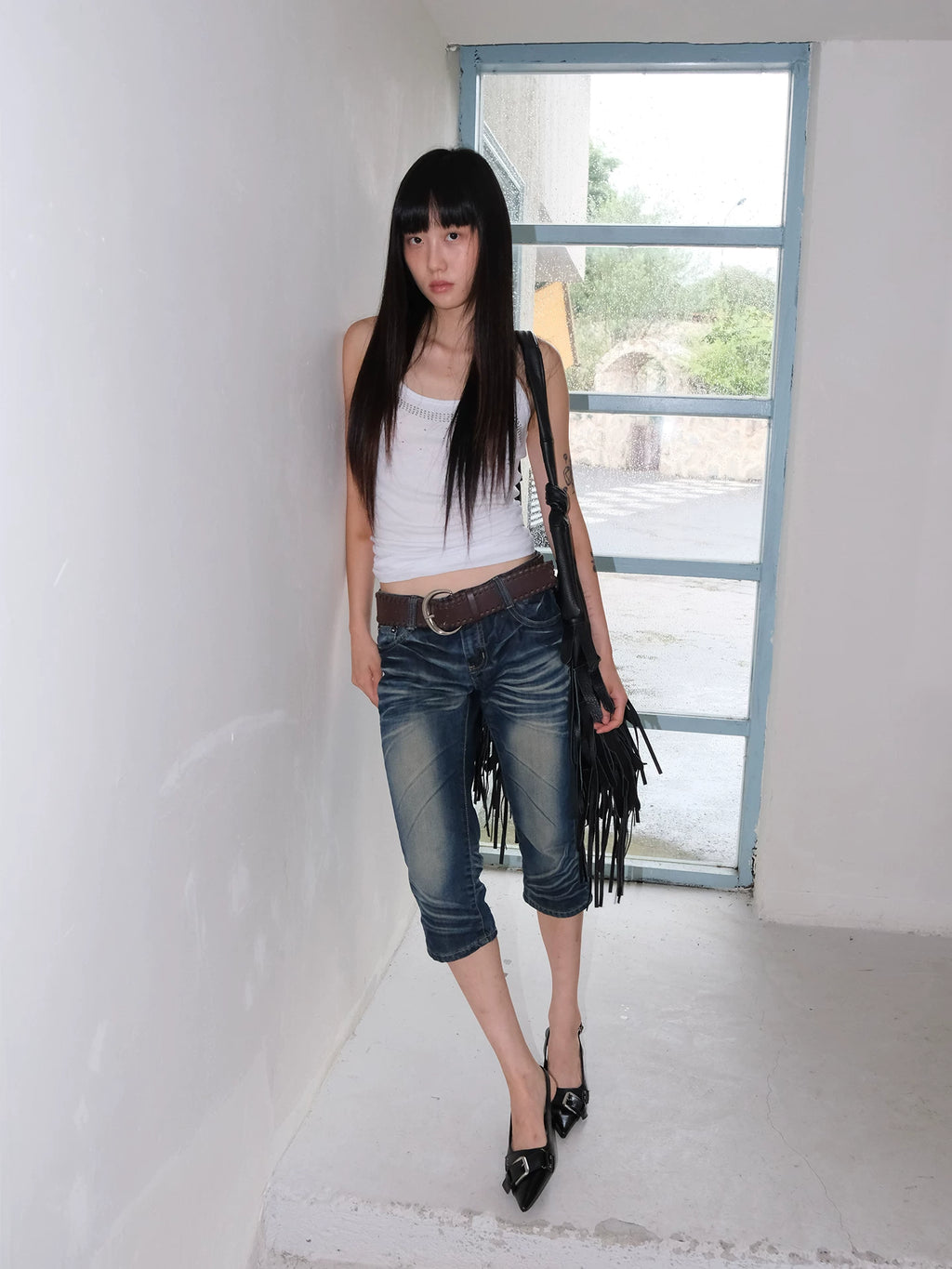 Mooreyu Black Pointed Toe Studded Slingback Heel