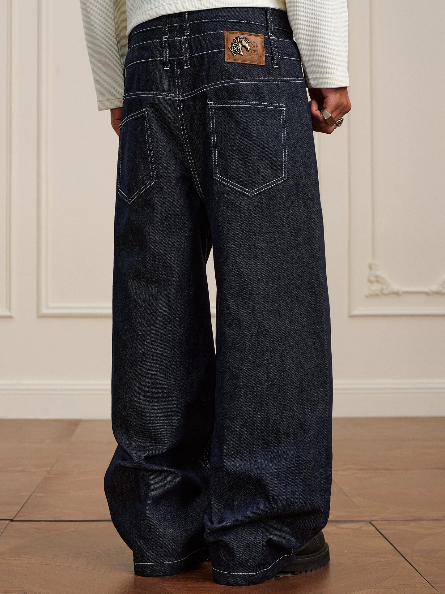 YADcrew Retro Vintage Black Wash Heavy Double Waist Micro Pull Jeans