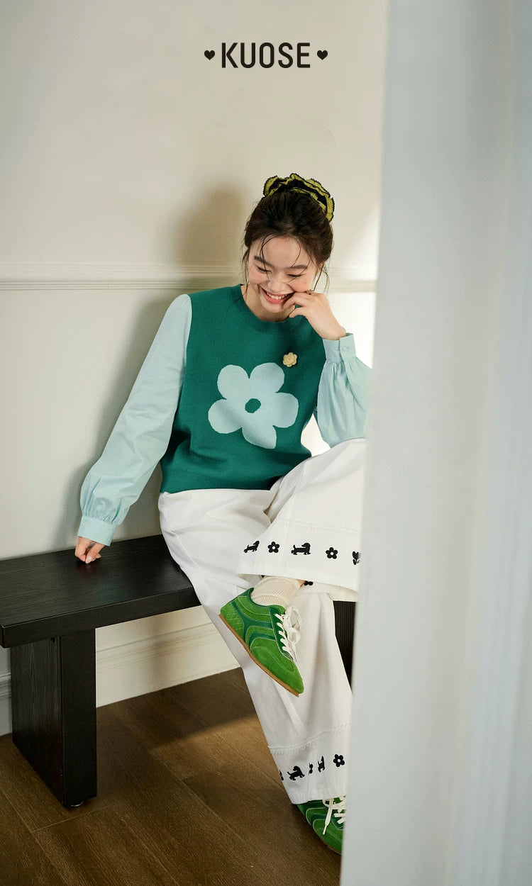 KUOSE Lace-embroidered Straight Wide-leg Pants