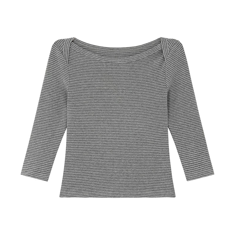 KANO Striped Slim Fit Off-Shoulder Long-Sleeve Top