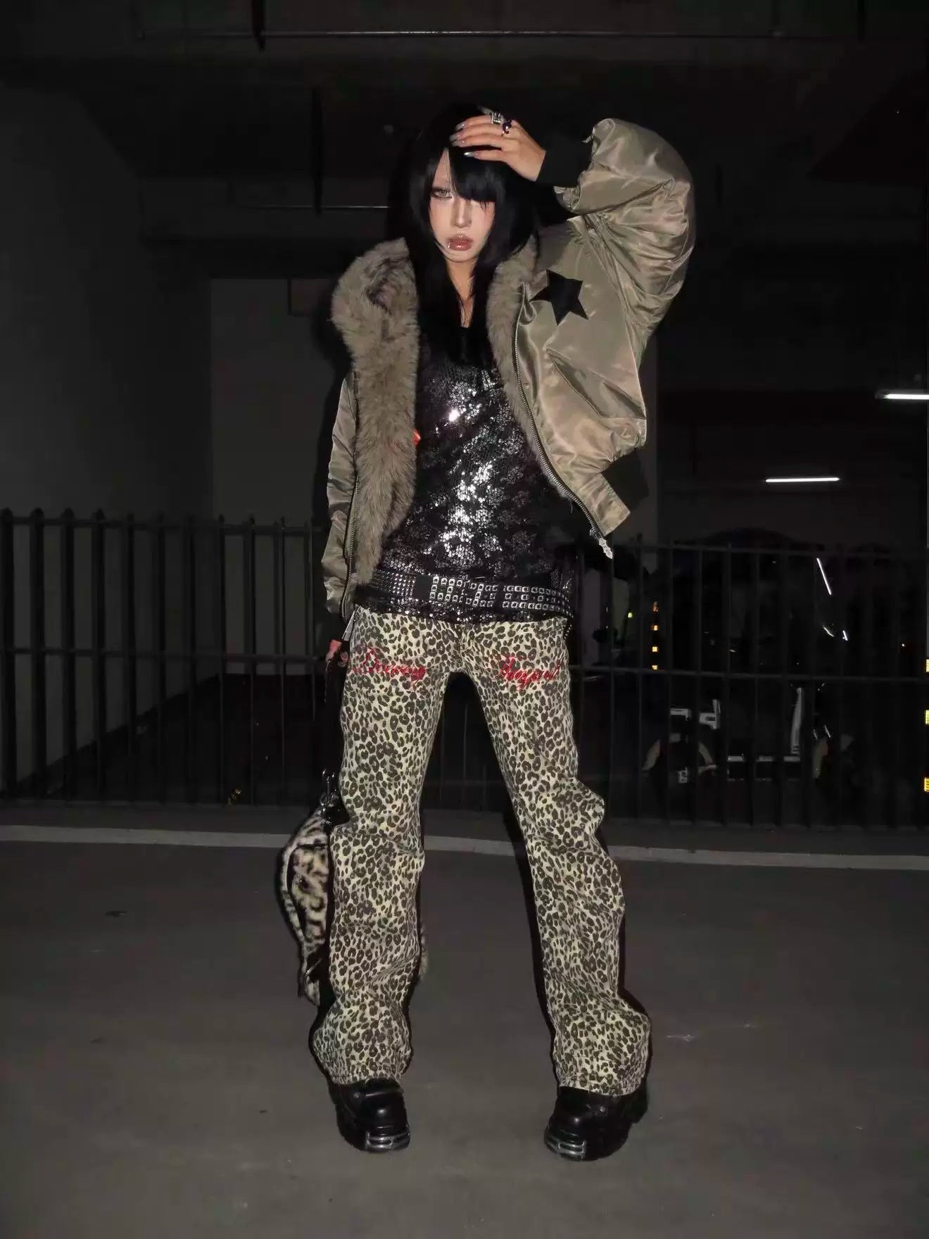 DETW Retro Double Leopard Print Micro-stack Visual Jeans