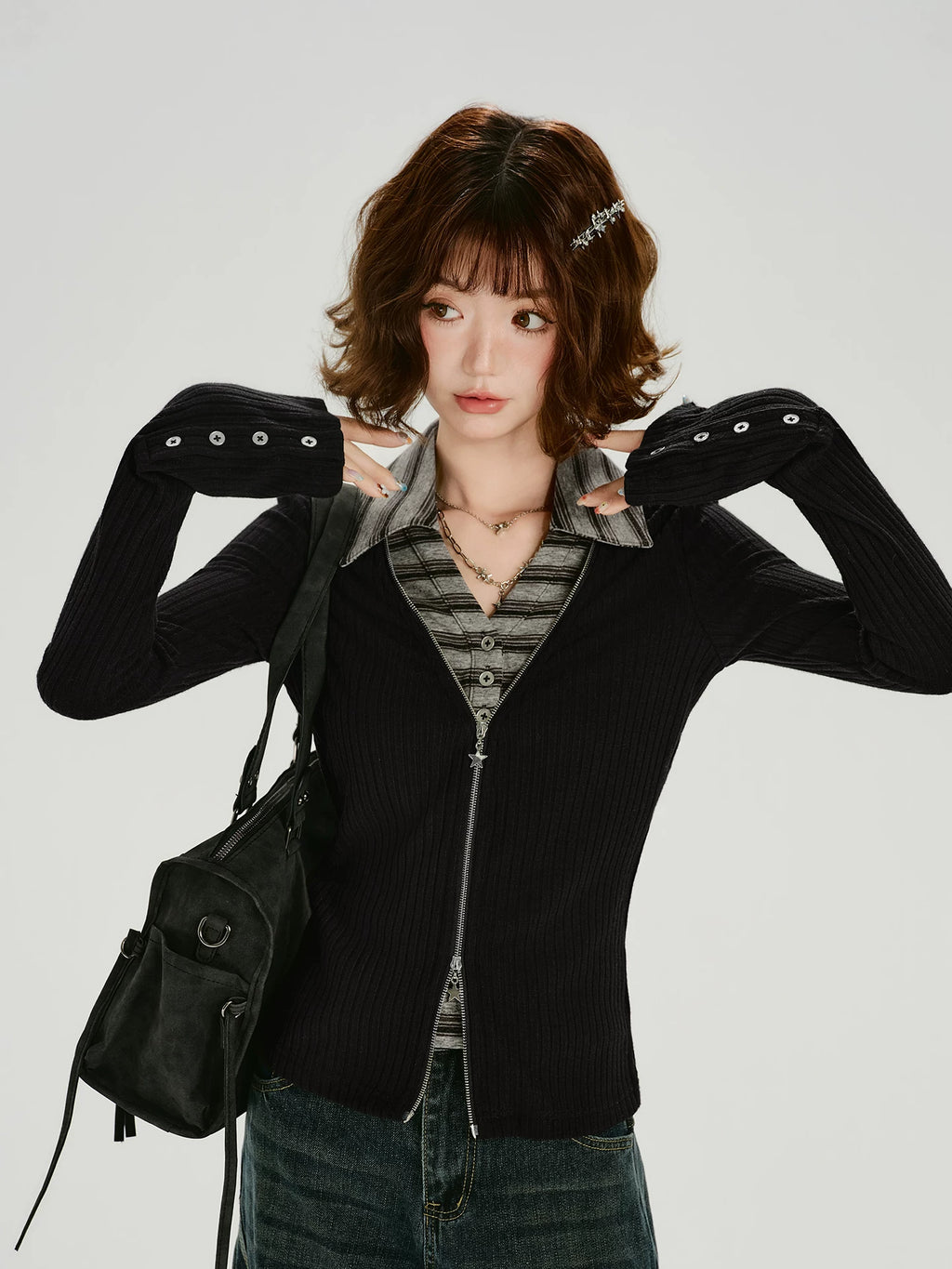 Girlyhalo Vintage Fake Two-Piece Slim-Fit Long Sleeve