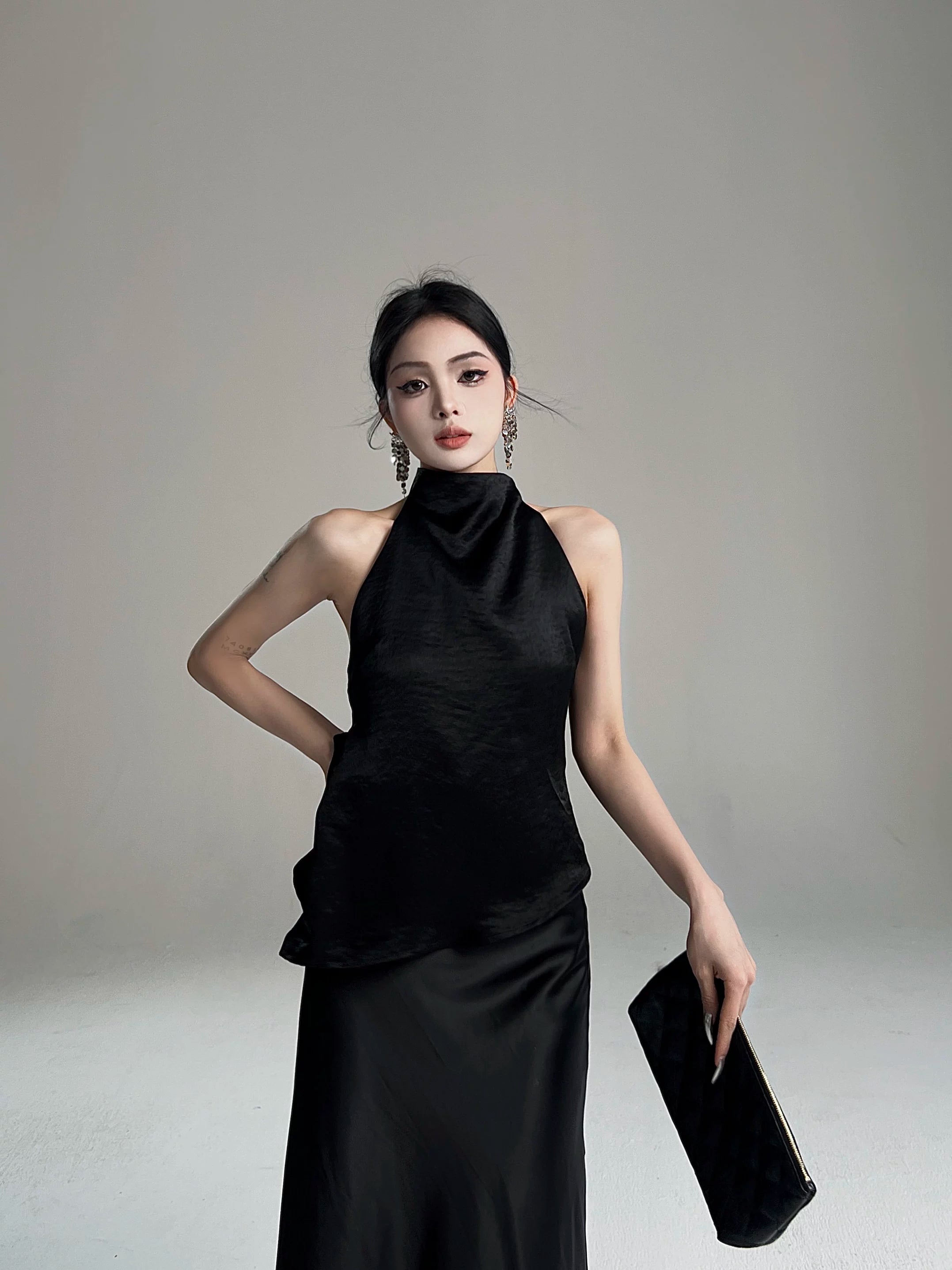 CHUYUQI Temperament Neck Backless Streamer Irregular Top