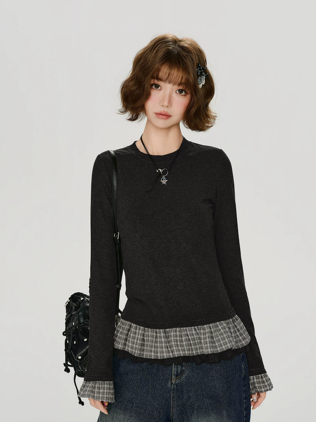 Girlyhalo Plaid Patchwork Slim Fit Long-Sleeve Tee