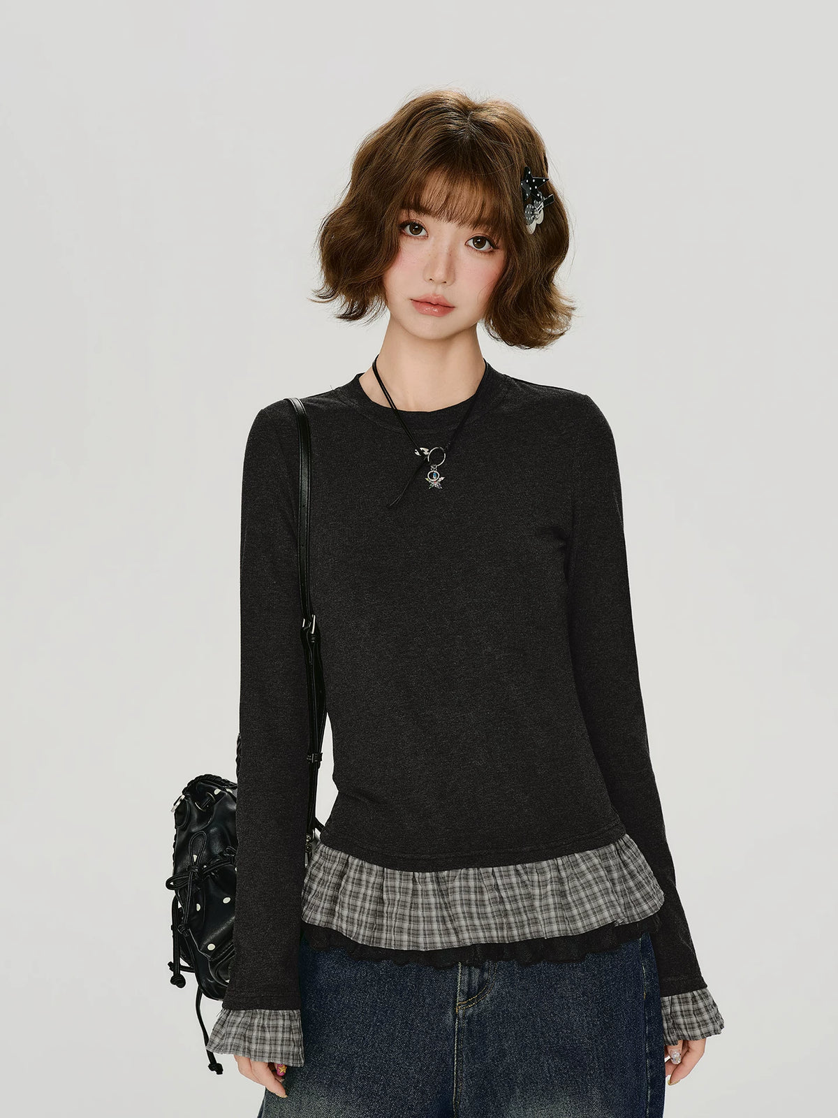 Girlyhalo Plaid Patchwork Slim Fit Long-Sleeve Tee