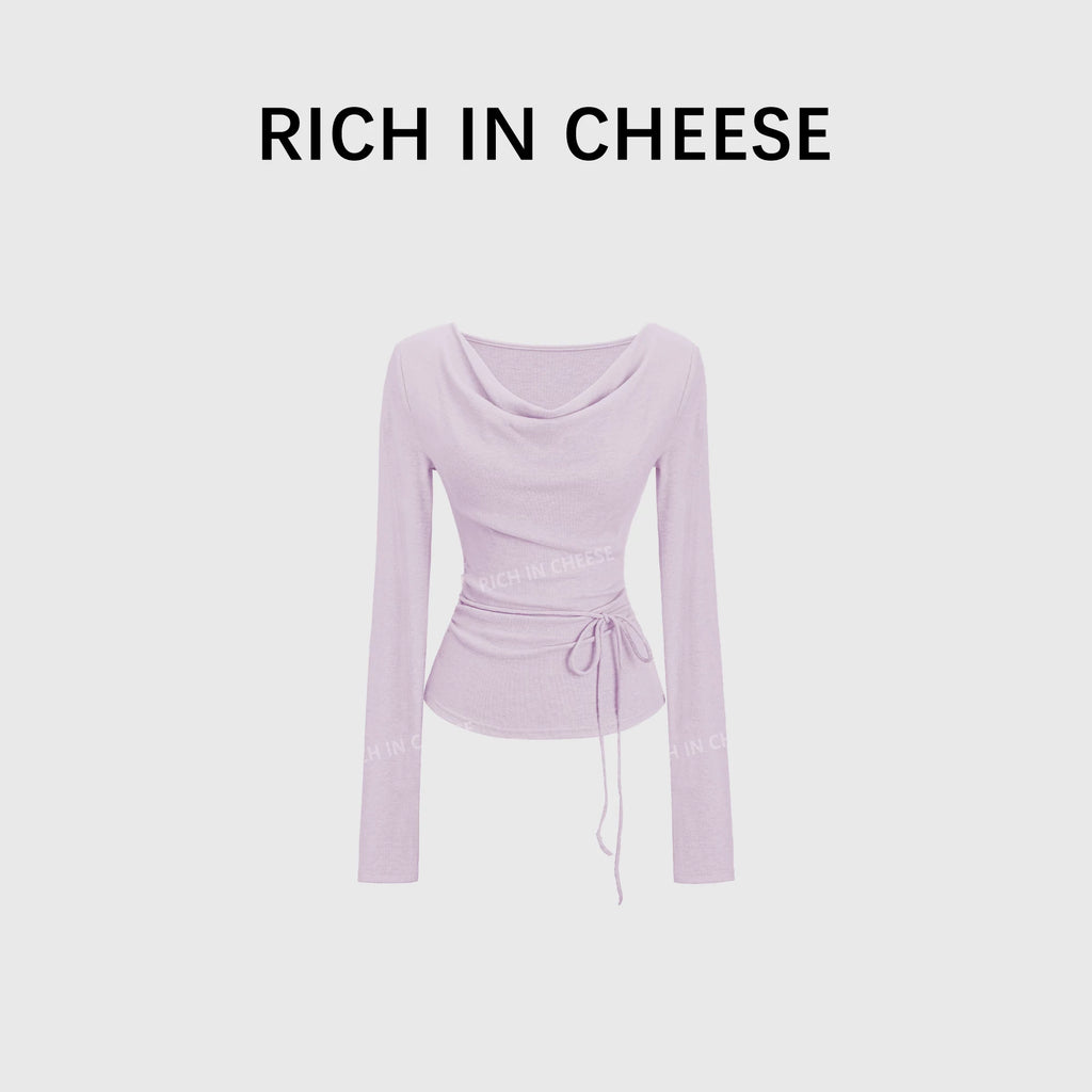 RICH IN CHEESE Waist Fold Temperament Swing Neck Long Sleeve