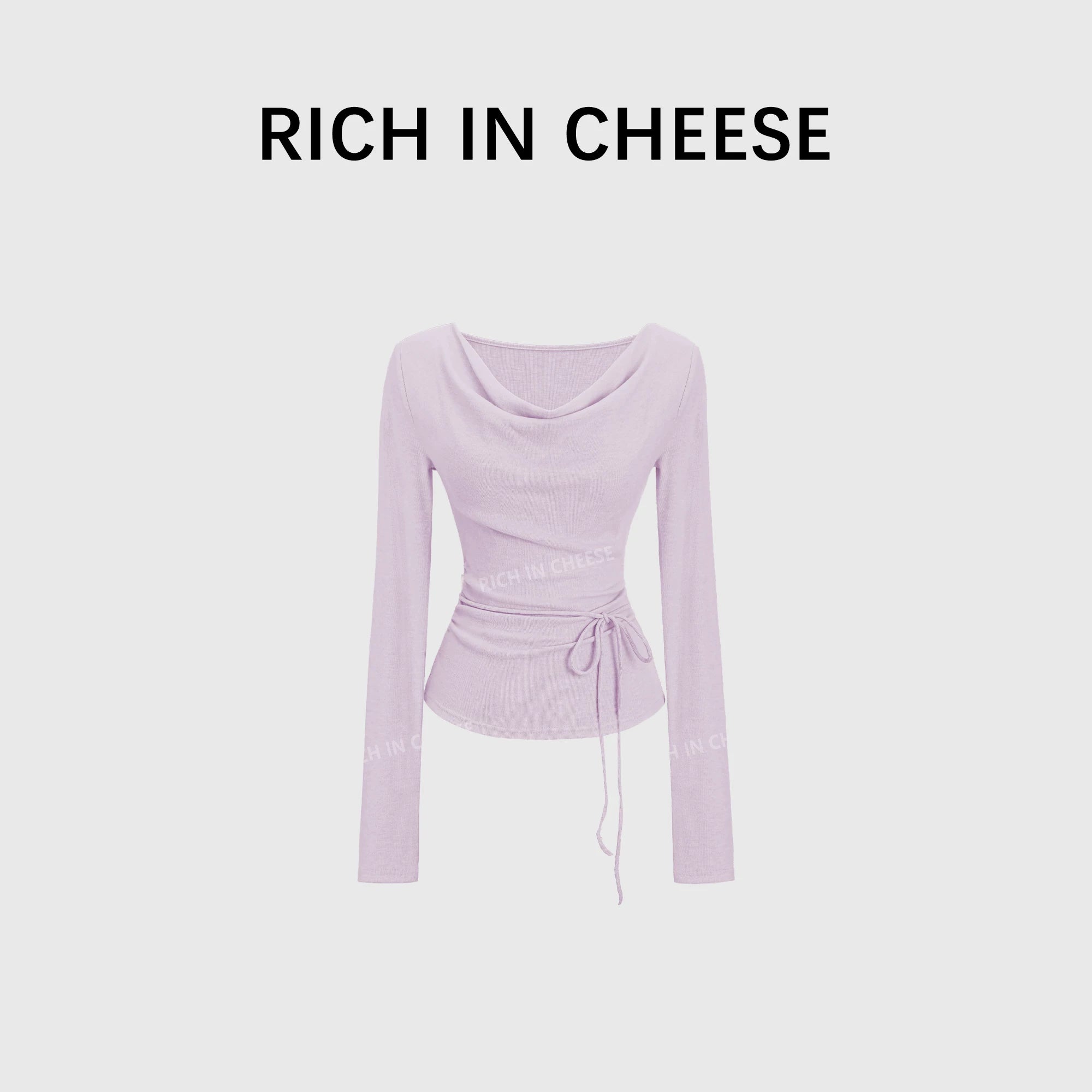 RICH IN CHEESE Waist Fold Temperament Swing Neck Long Sleeve