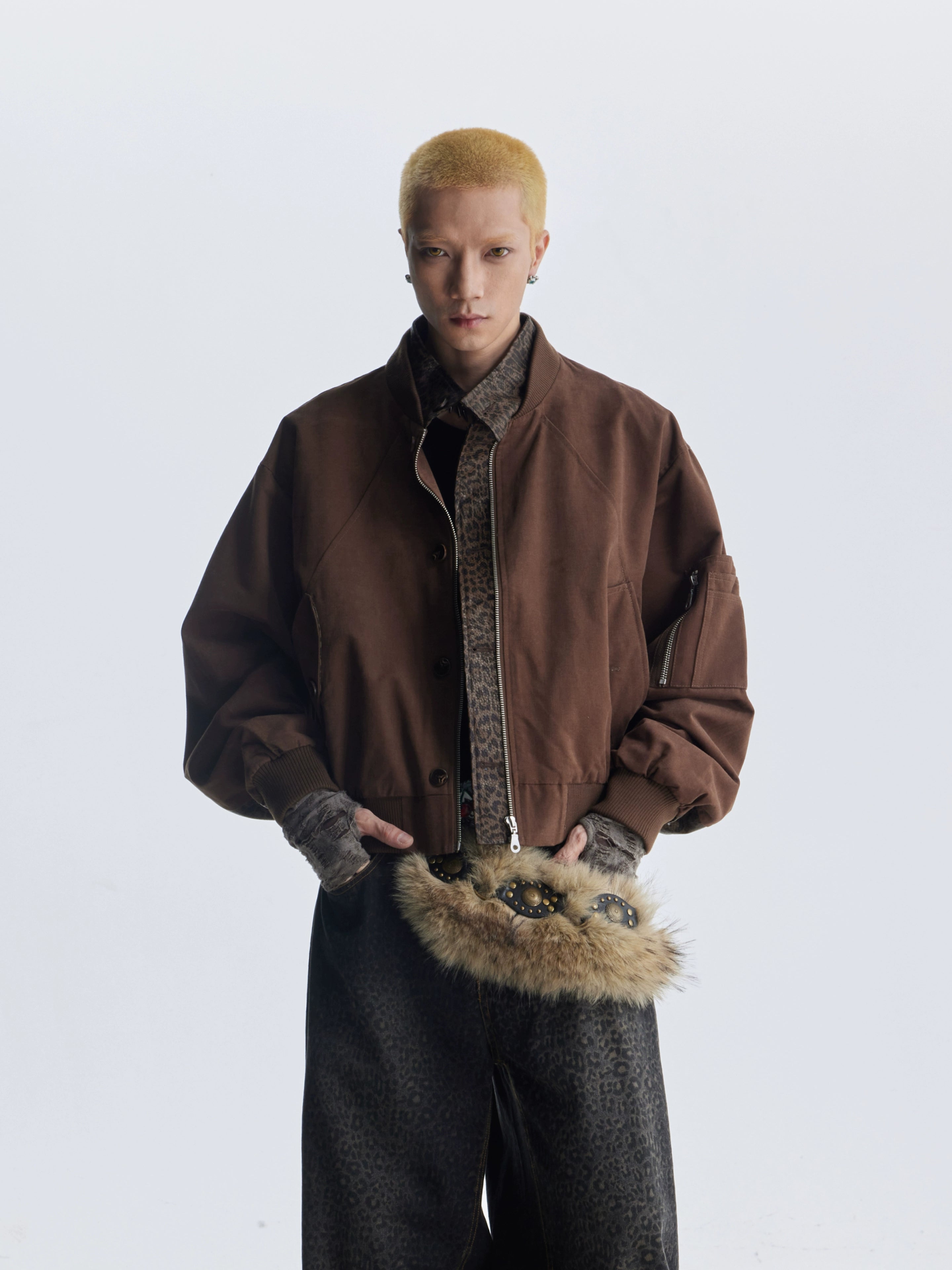 NOMANIAI Leopard Print Leather Fake Two-piece Zipper Baseball Collar Zipper Jacket