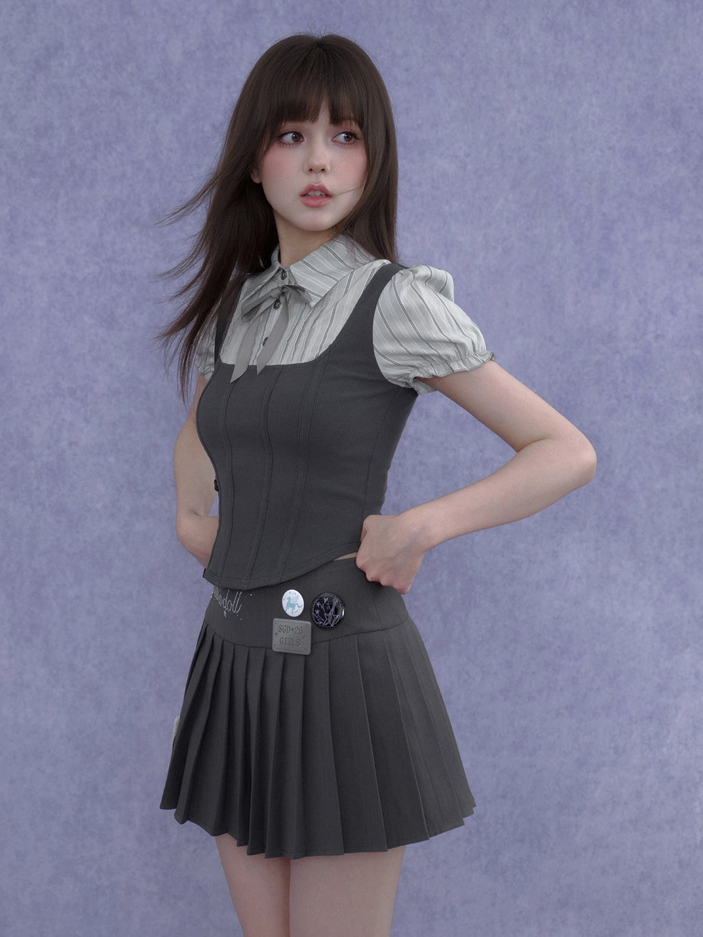 SagiDolls Sweet Schoolgirl Fake Corset Bubble Sleeve Two-Layer Top