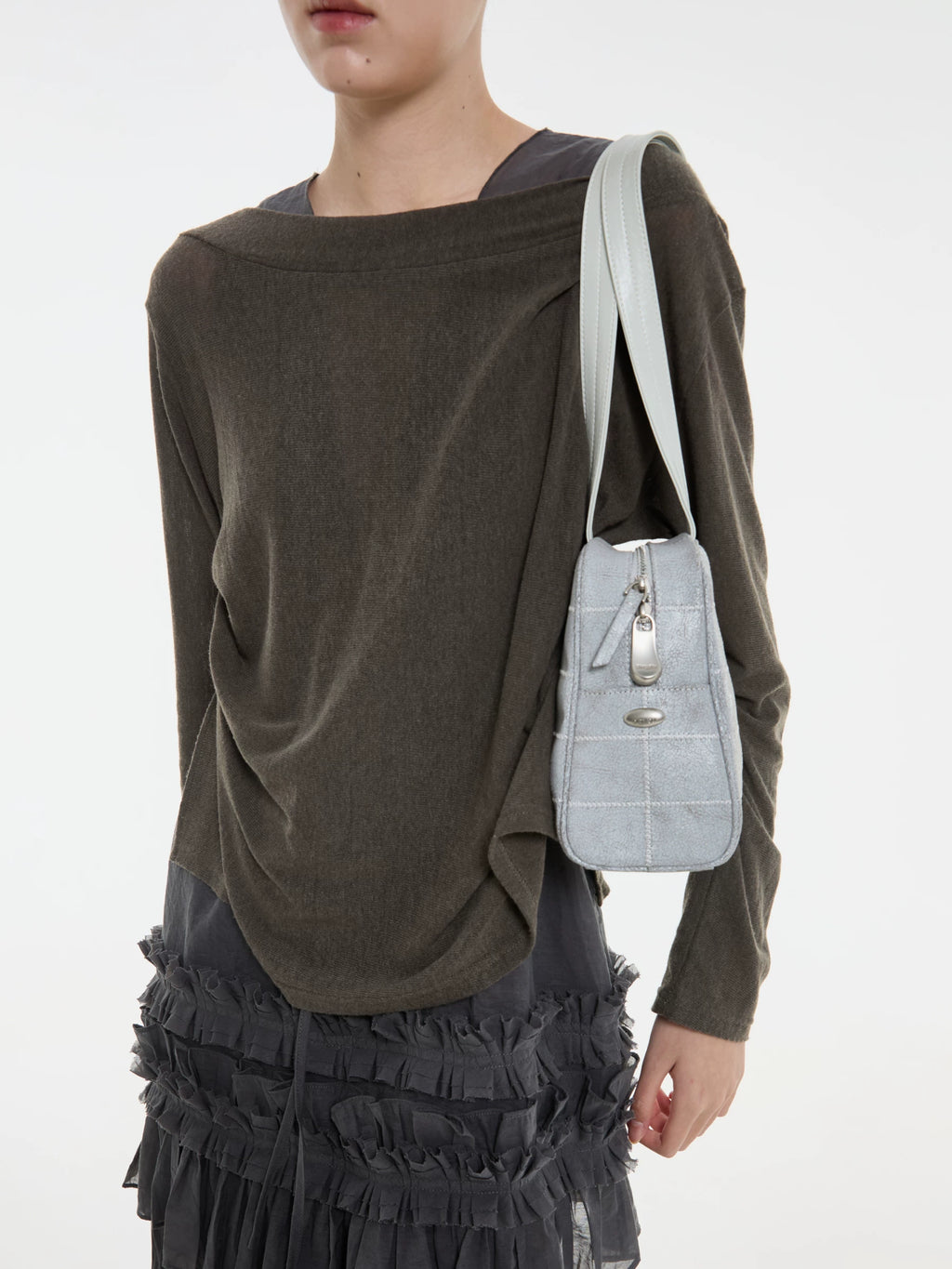 DIRTY SIX Gray Woven Fabric Zip-Top Shoulder Bag