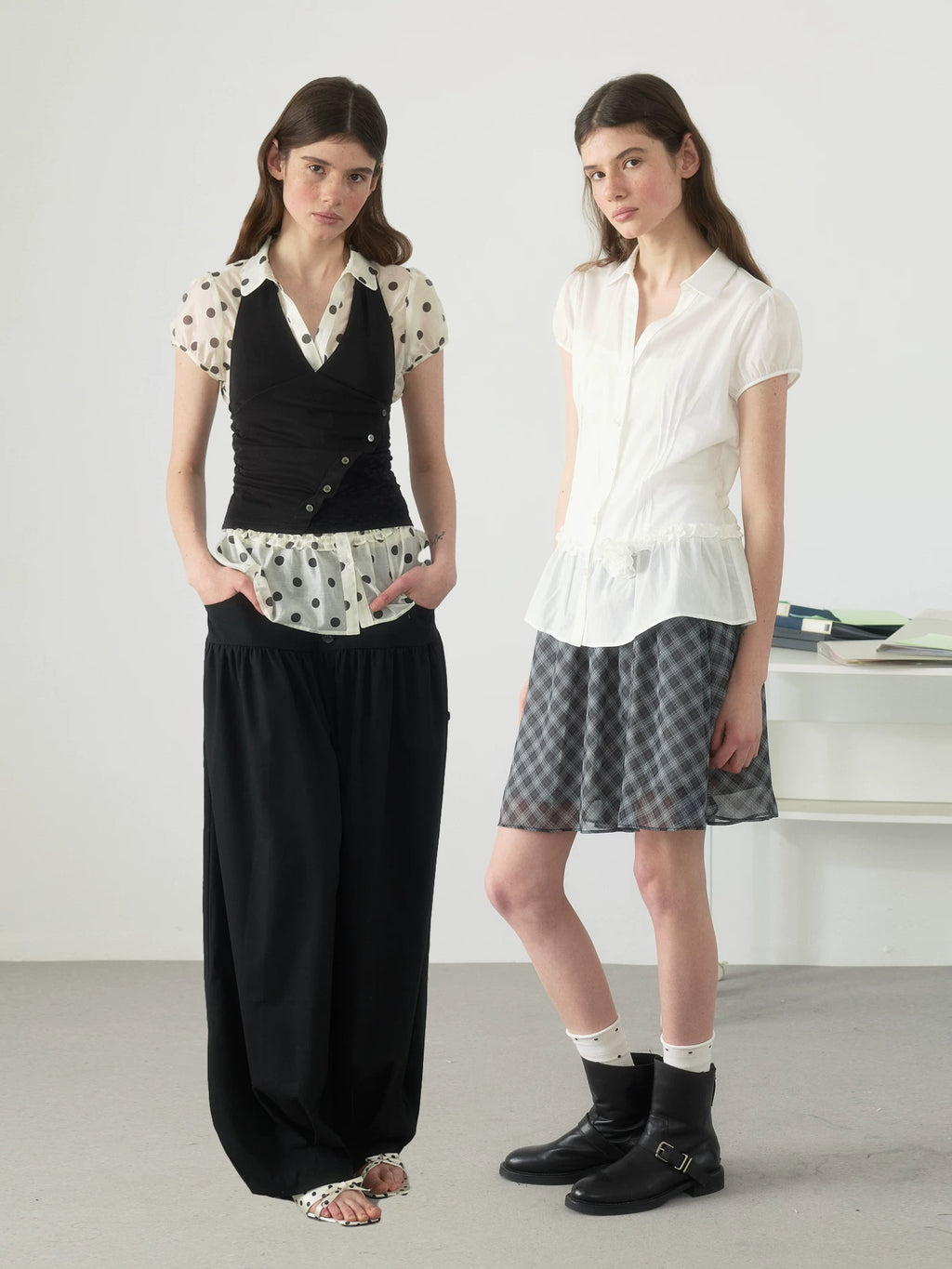 Yawhat Tencel Bubble Sleeve Tie-Front Blouse
